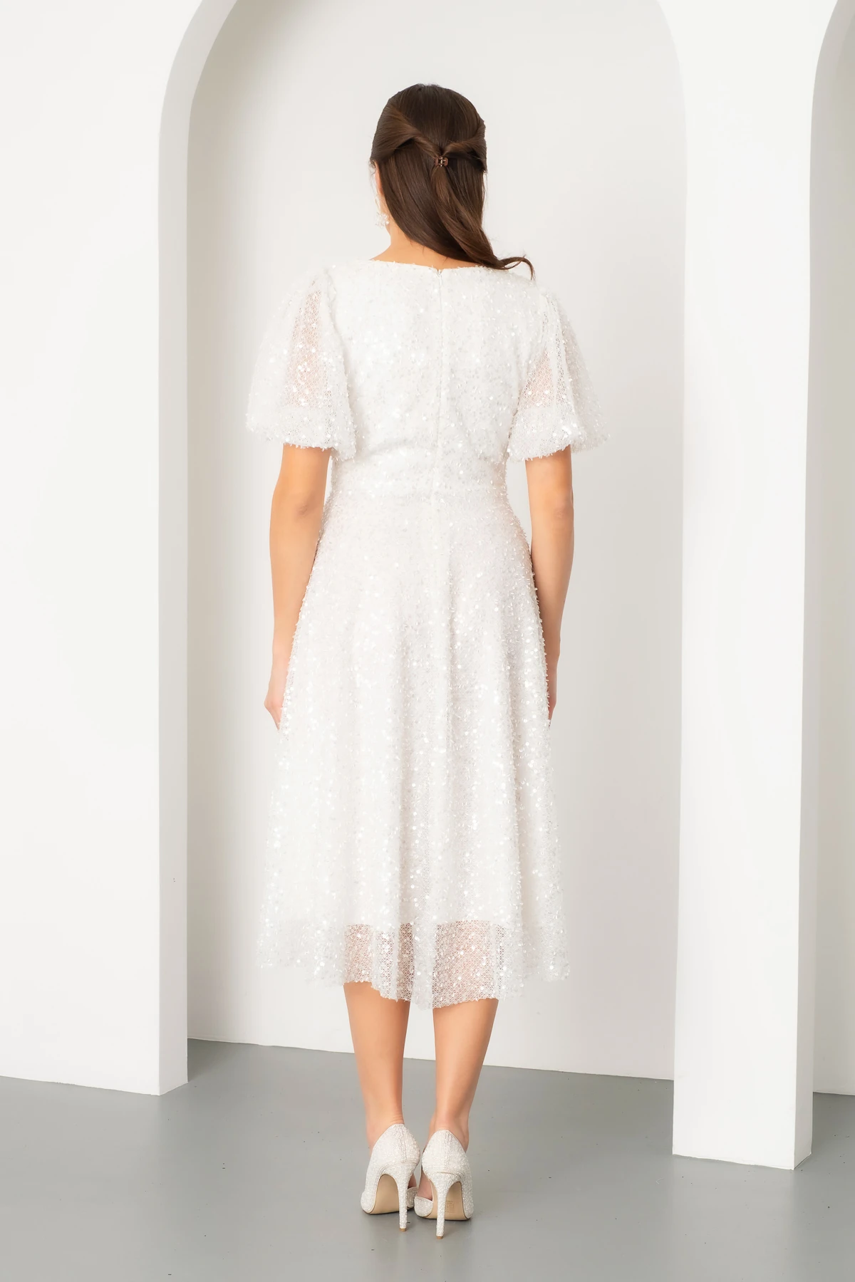 Kadın Balon Kol Pul Payet Midi Abiye Elbise - Beyaz