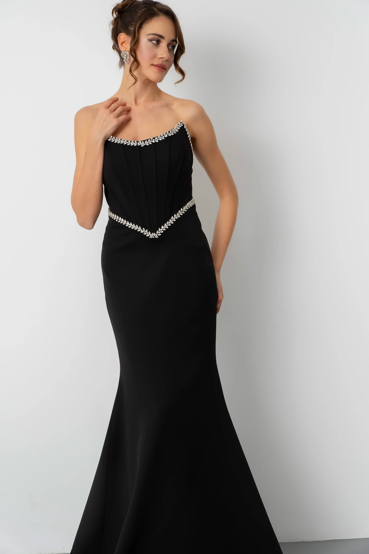 Kadın Straplez Taşlı Peplum Kesim Söz Nişan Nikah Abiye Elbise - Siyah