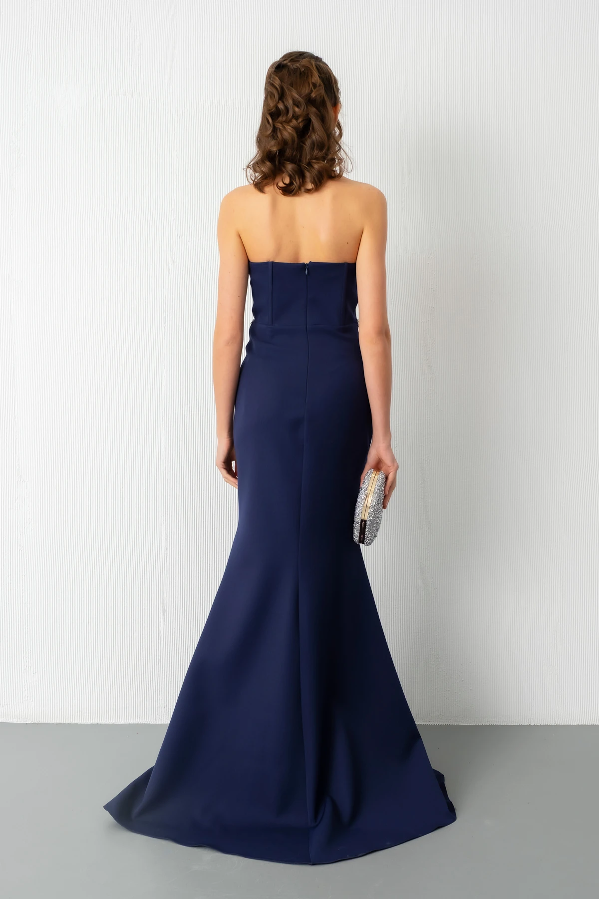 Kadın Straplez Taşlı Peplum Kesim Söz Nişan Nikah Abiye Elbise - Lacivert