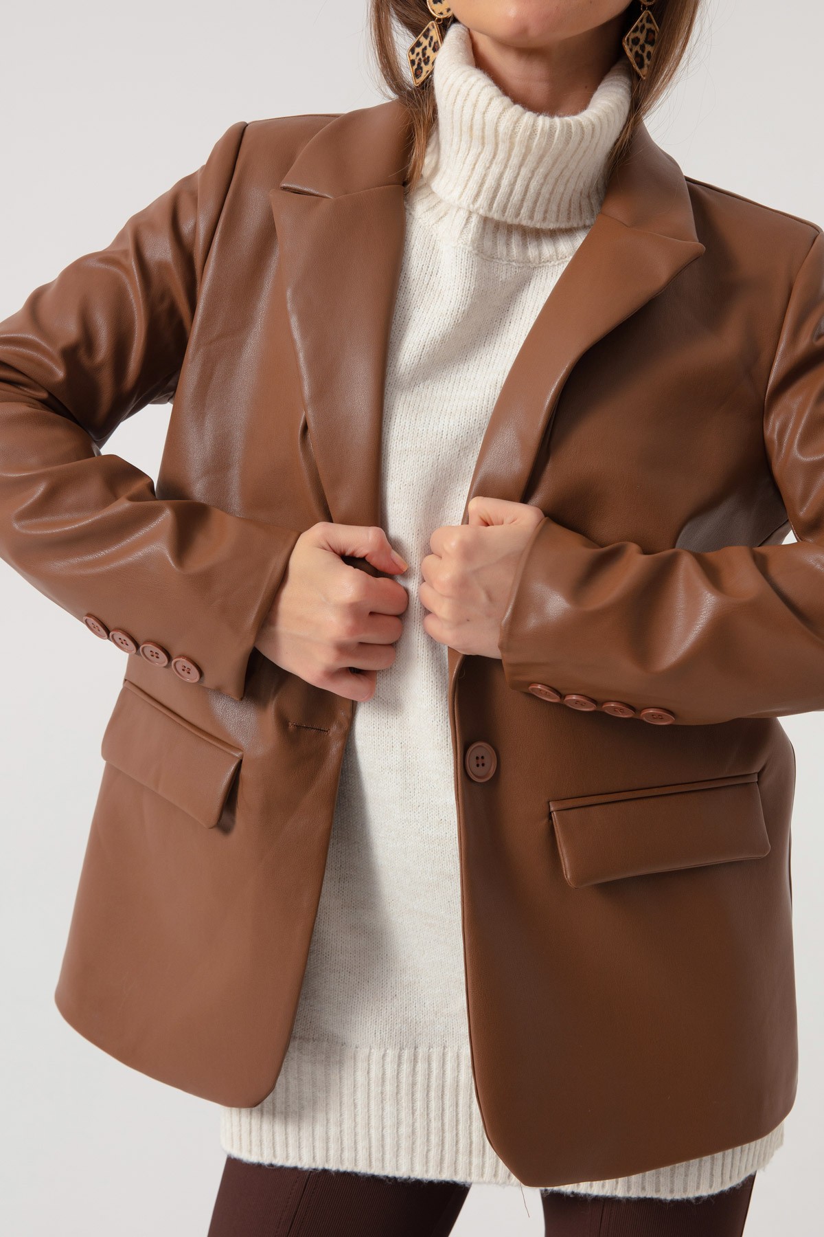 Kadın Tek Düğmeli Suni Deri Ceket - Kahverengi