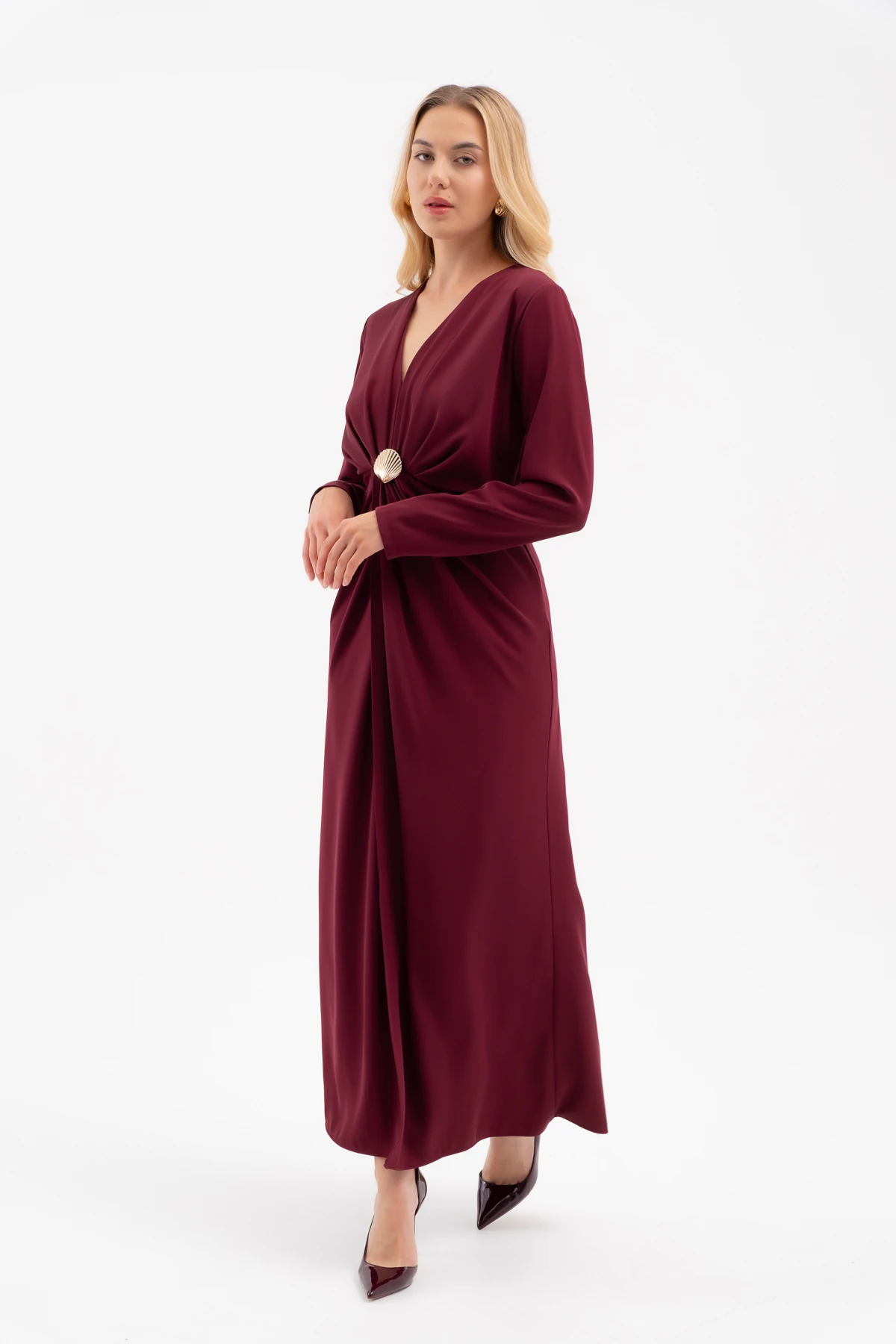 Kadın İstiridye Aksesuarlı Uzun Kol Elbise