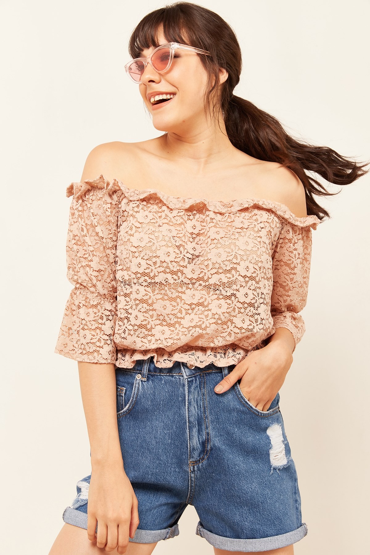 Kadın Dantelli Crop Bluz