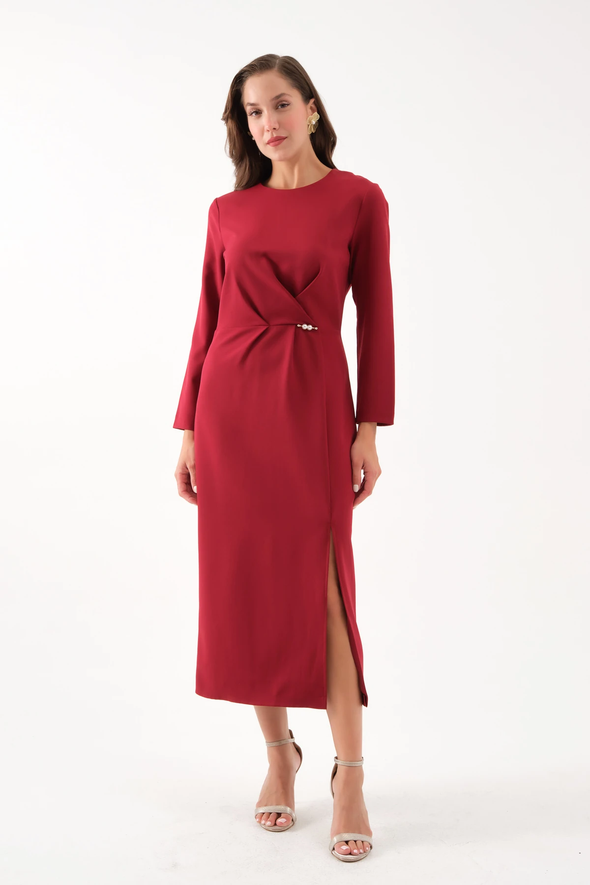Kadın İnci Detay Midi Davet Elbisesi - Bordo
