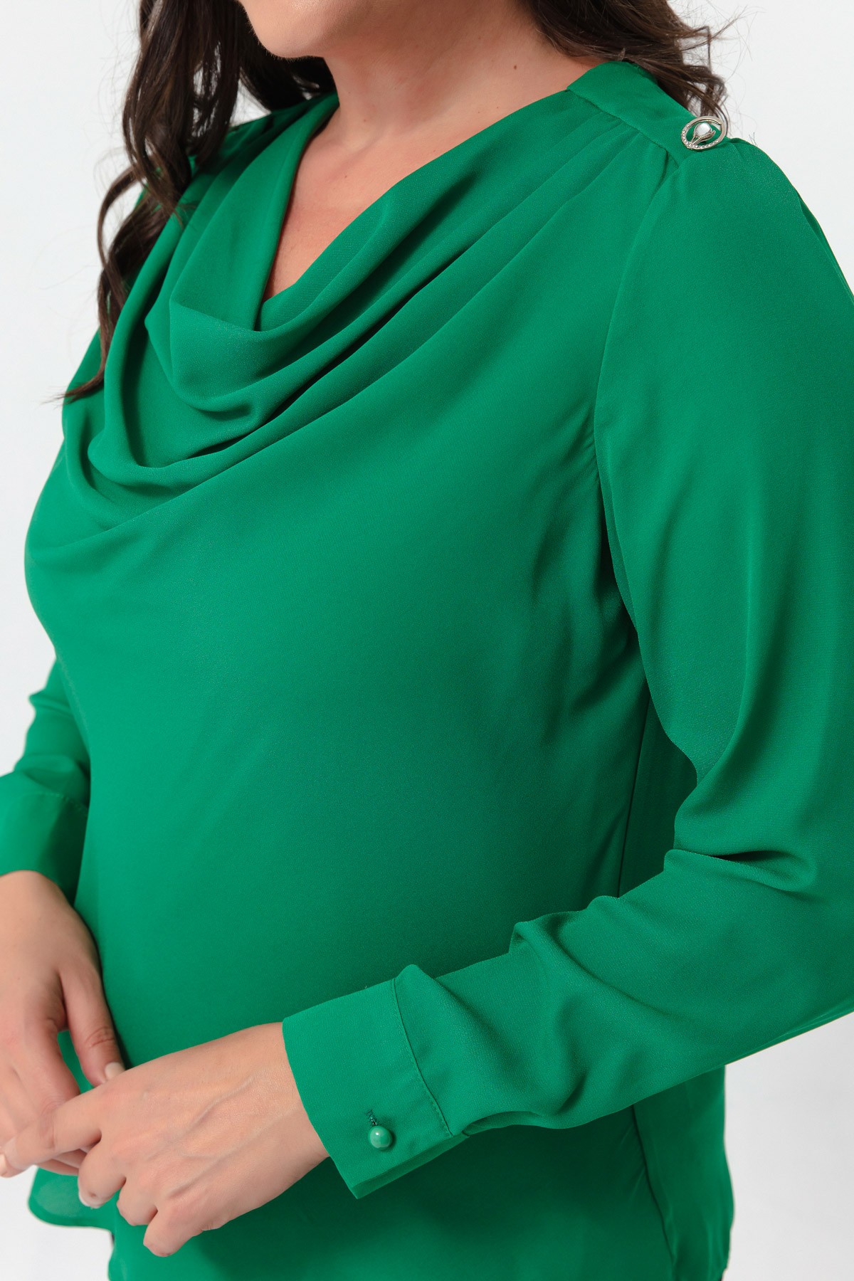 Kadın Degaje Yaka Uzun Kollu Büyük Beden Bluz - Yeşil