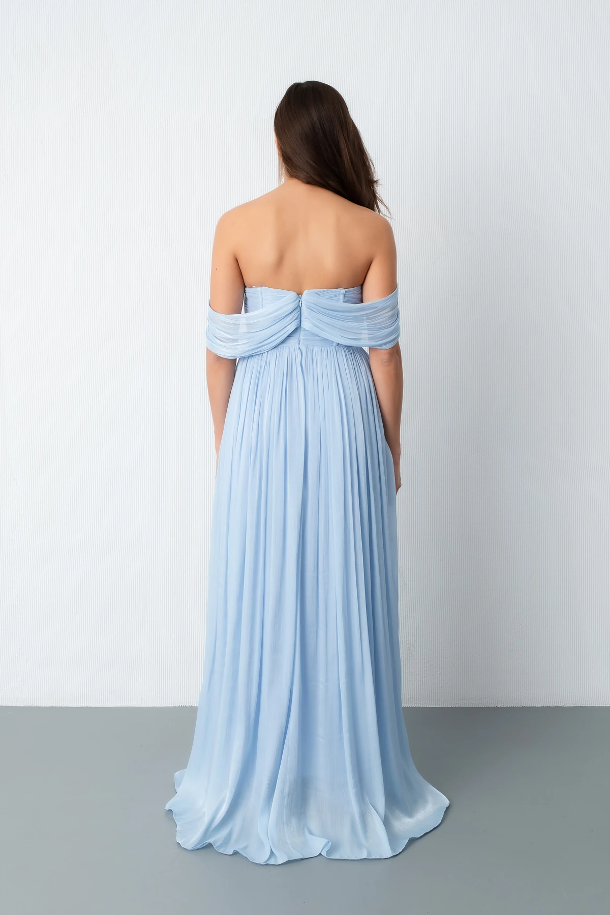 Kadın Kayık Yaka Uzun Abiye Elbise - Bebe Mavi