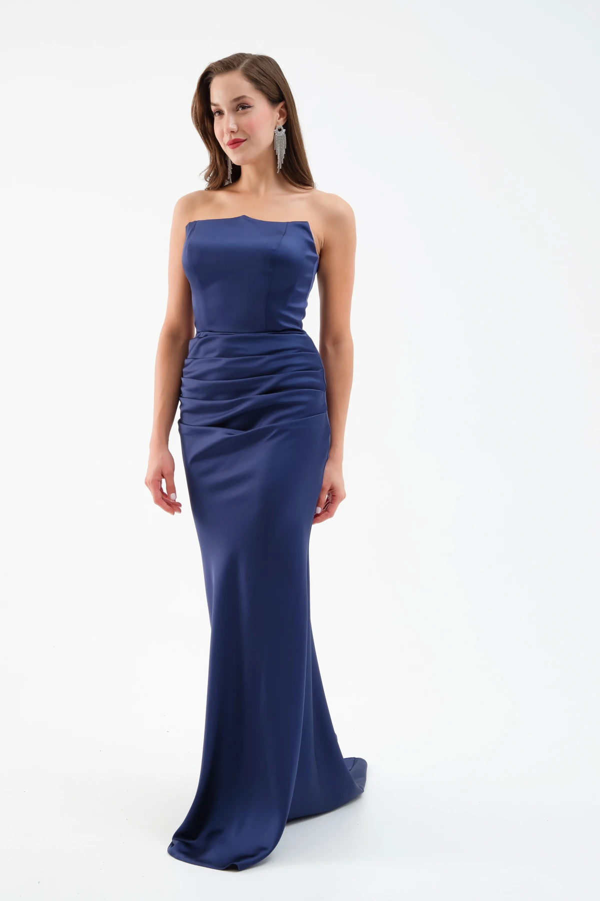 Kadın Straplez Uzun Saten Söz Nişan Abiye Elbise - Lacivert