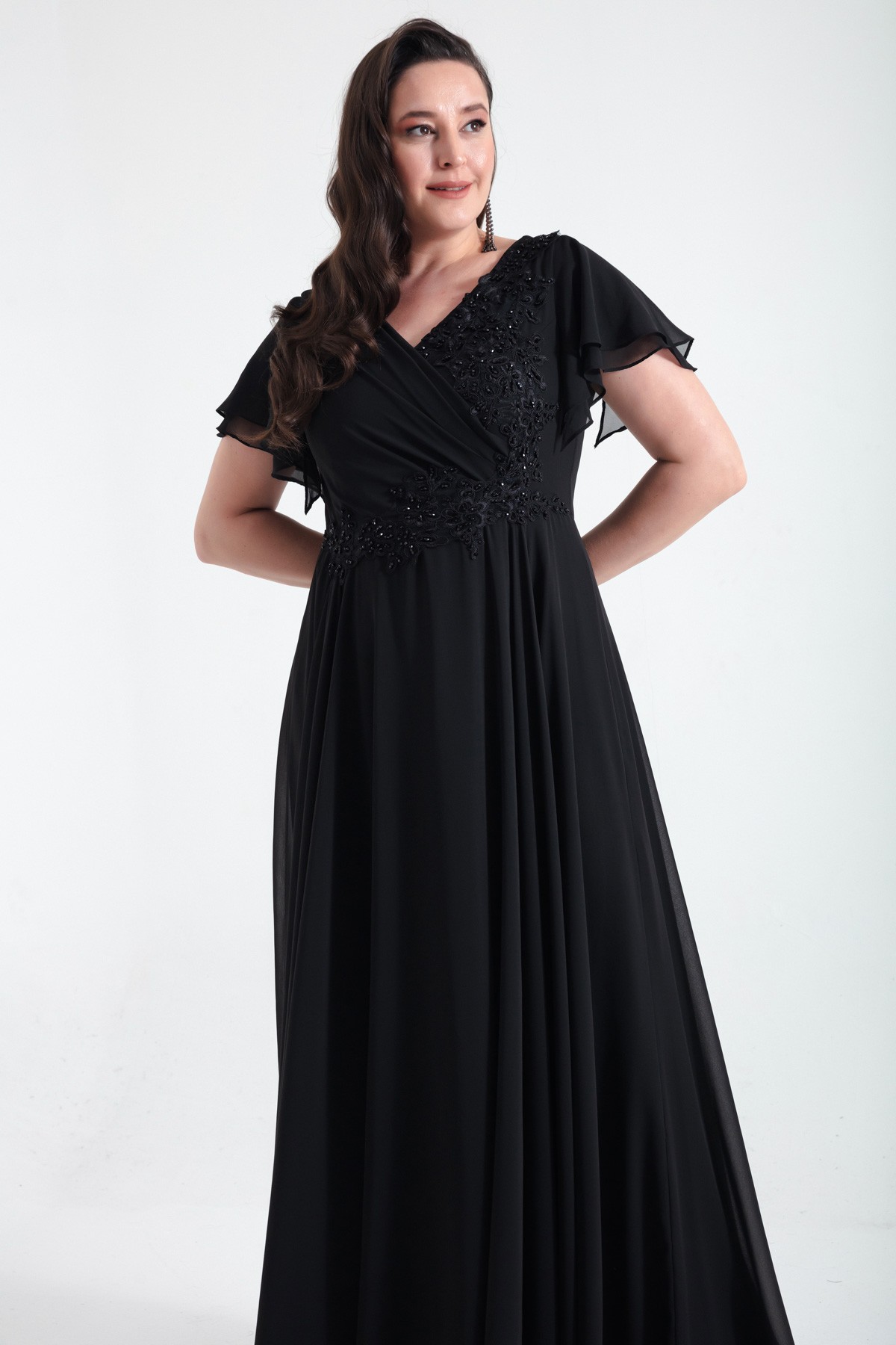 Kadın Kruvaze Taşlı Uzun Şifon Abiye Elbise - Siyah