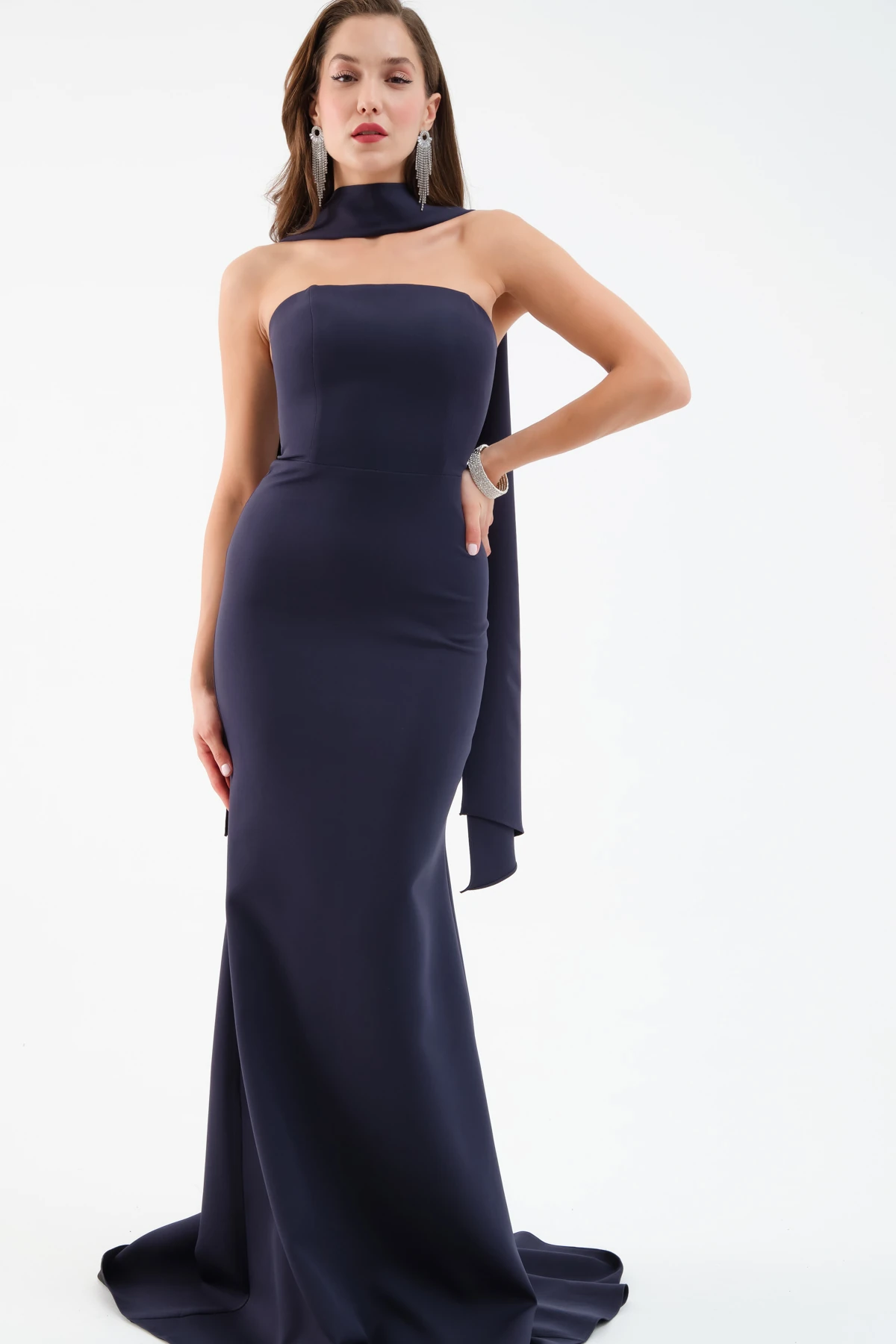 Kadın Şal Yaka Detay Uzun Abiye Elbise - Lacivert