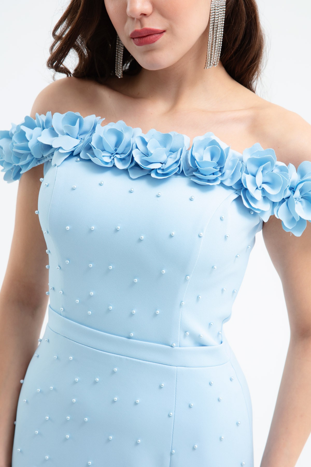 Kadın Yakası Çiçekli İncili Söz Nişan Nikah Abiye Elbise - Bebe Mavi