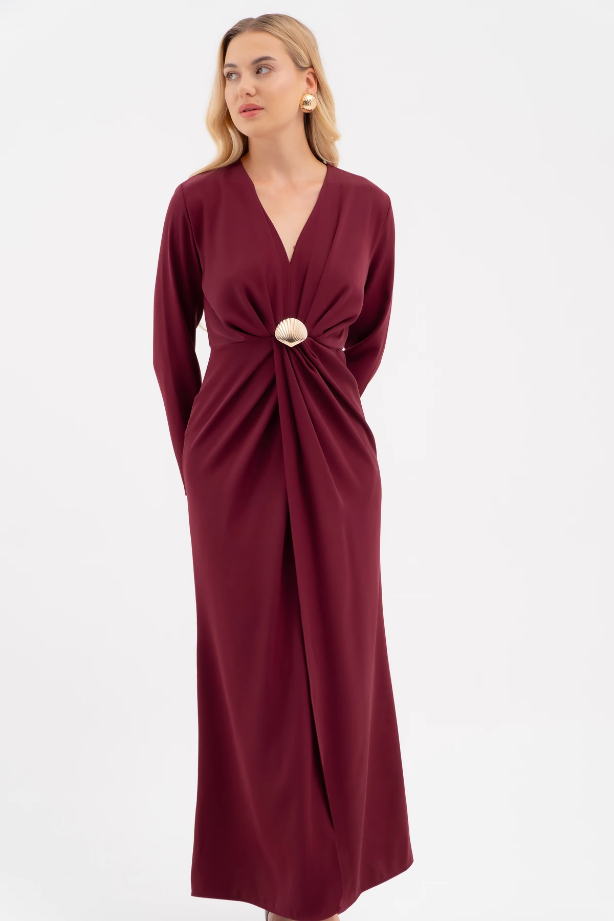 Kadın İstiridye Aksesuarlı Uzun Kol Elbise