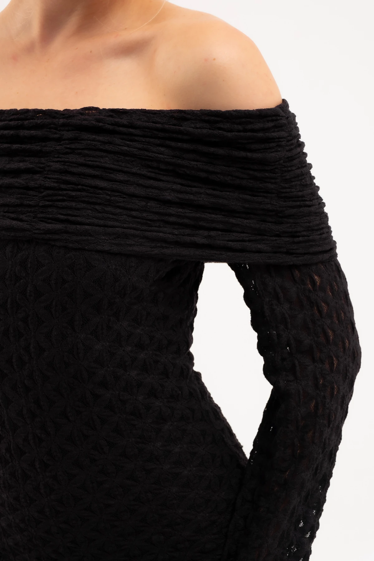 Kadın Açık Omuz Uzun Dantel Elbise - Siyah