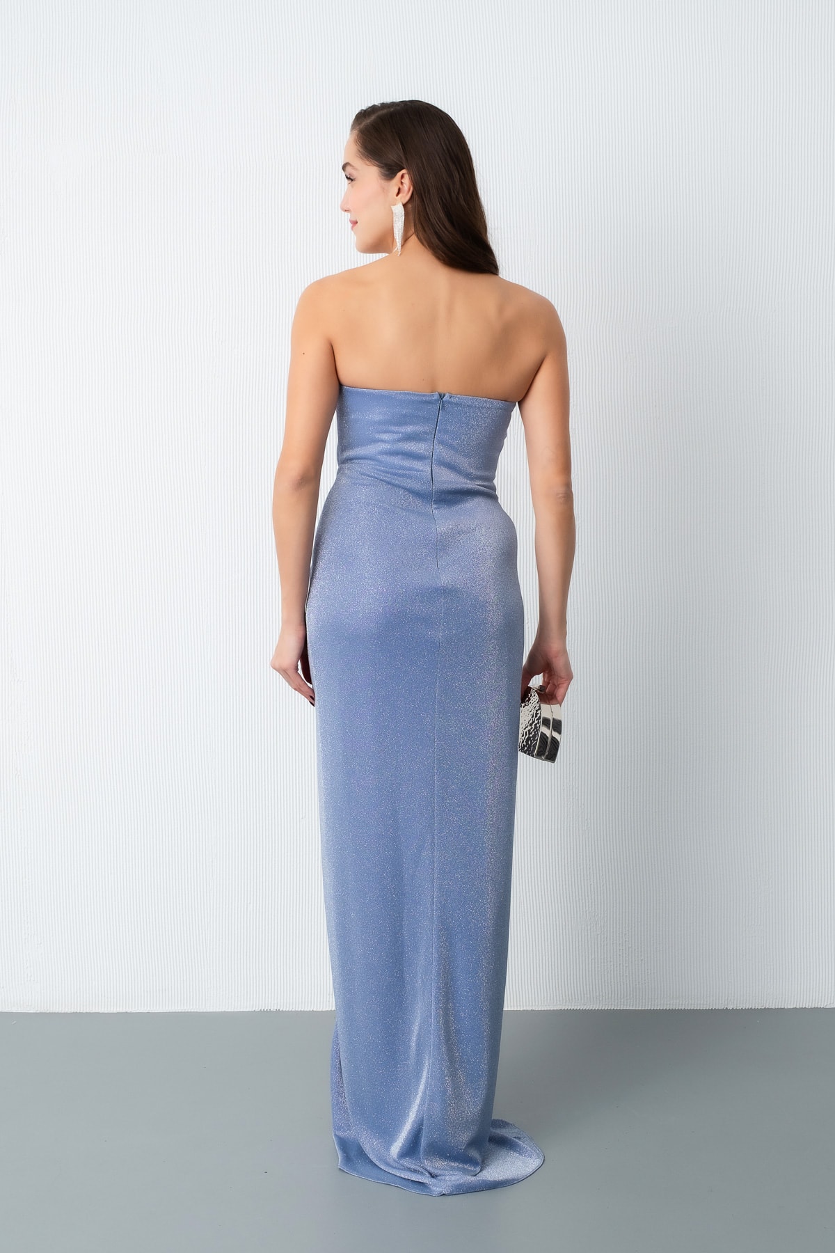 Kadın Straplez Simli Örme Abiye Elbise - İndigo