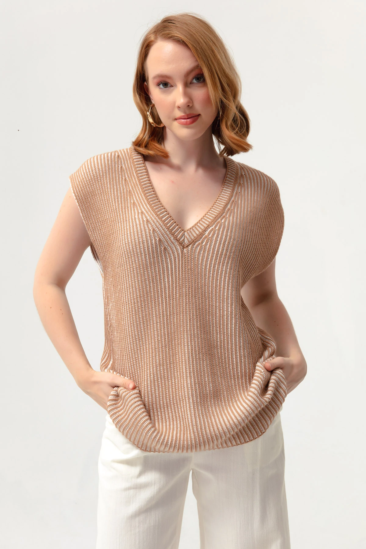 Kadın Yürütme Desen Triko Süveter - Taba