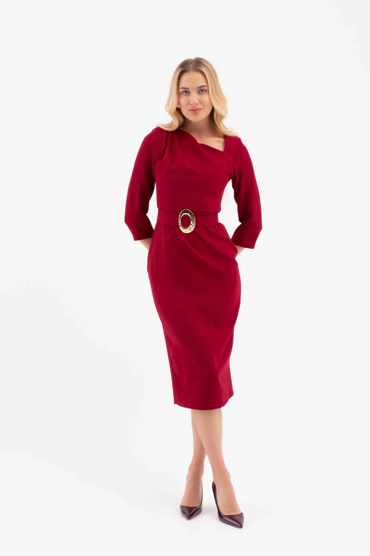 Kadın Kemer Detay Midi Davet Elbisesi - Bordo