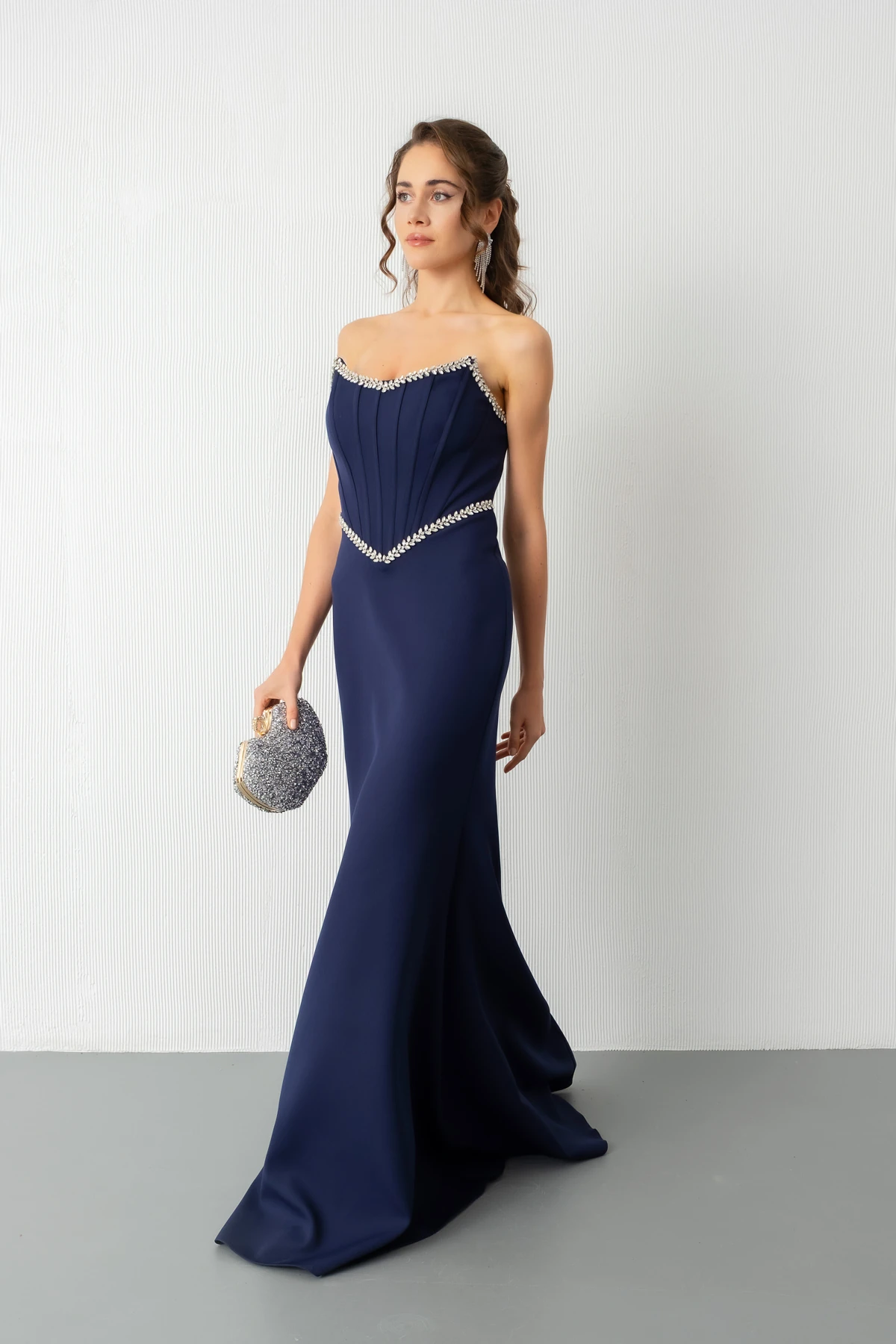 Kadın Straplez Taşlı Peplum Kesim Söz Nişan Nikah Abiye Elbise - Lacivert