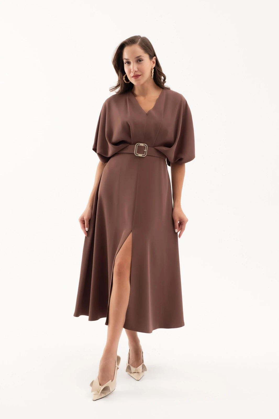Kadın V Yaka Kemerli Midi Davet Elbisesi - Kahverengi