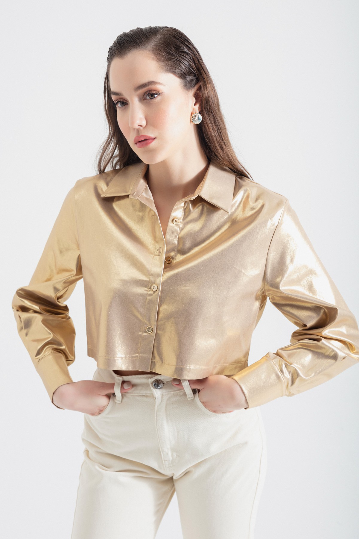 Kadın Parlak Dokulu Crop Gömlek - Gold