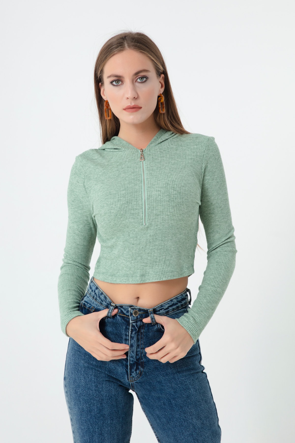 Kadın Önü Fermuarlı Örme Crop Bluz - Yeşil