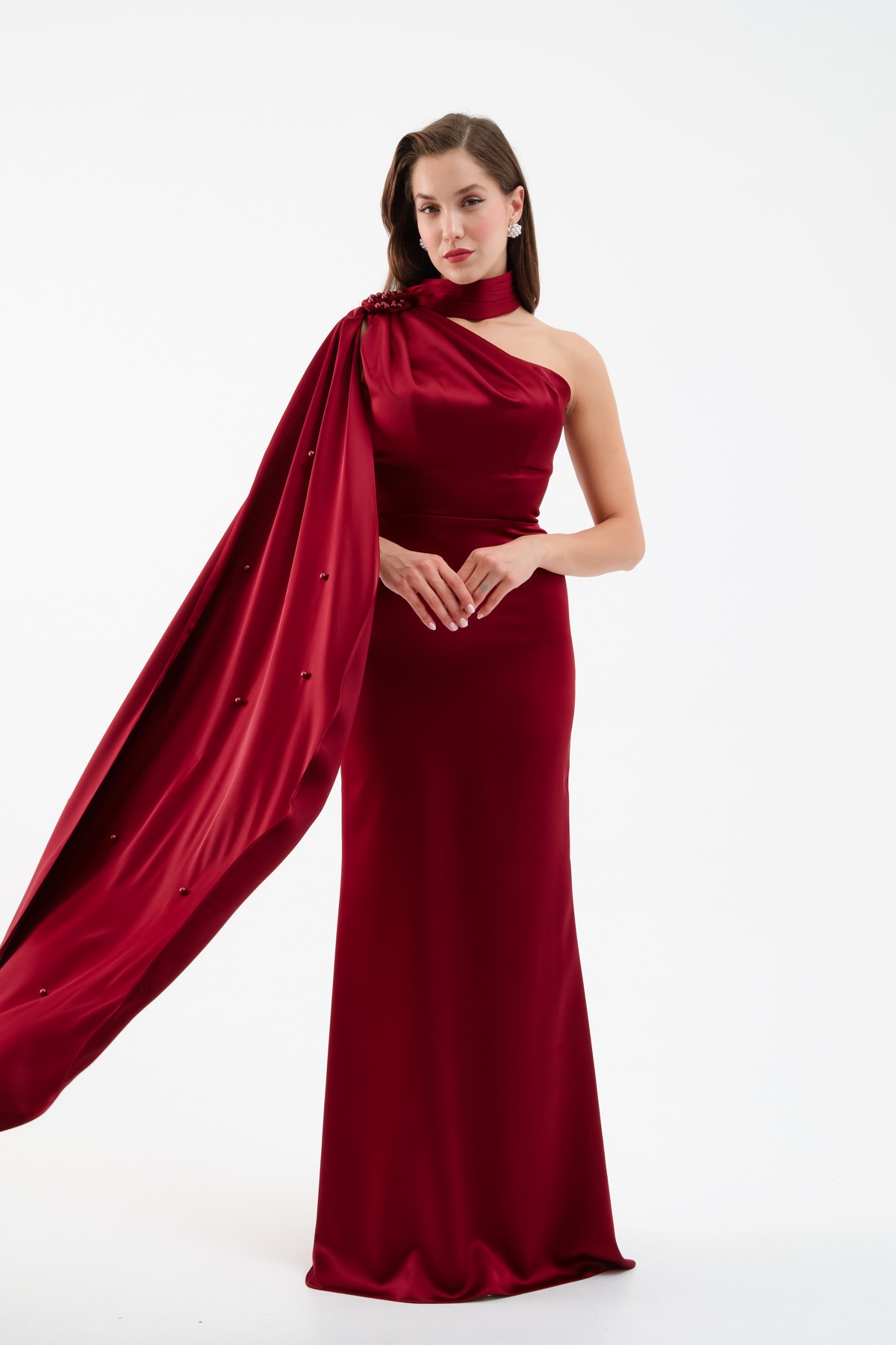 Kadın Şal Yaka İnci Söz Nişan Nikah Abiye Elbise - Bordo