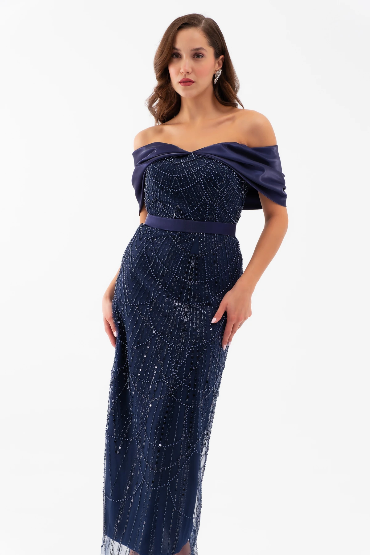 Kadın Kayık Yaka Midi Boncuklu Abiye Elbise - Lacivert