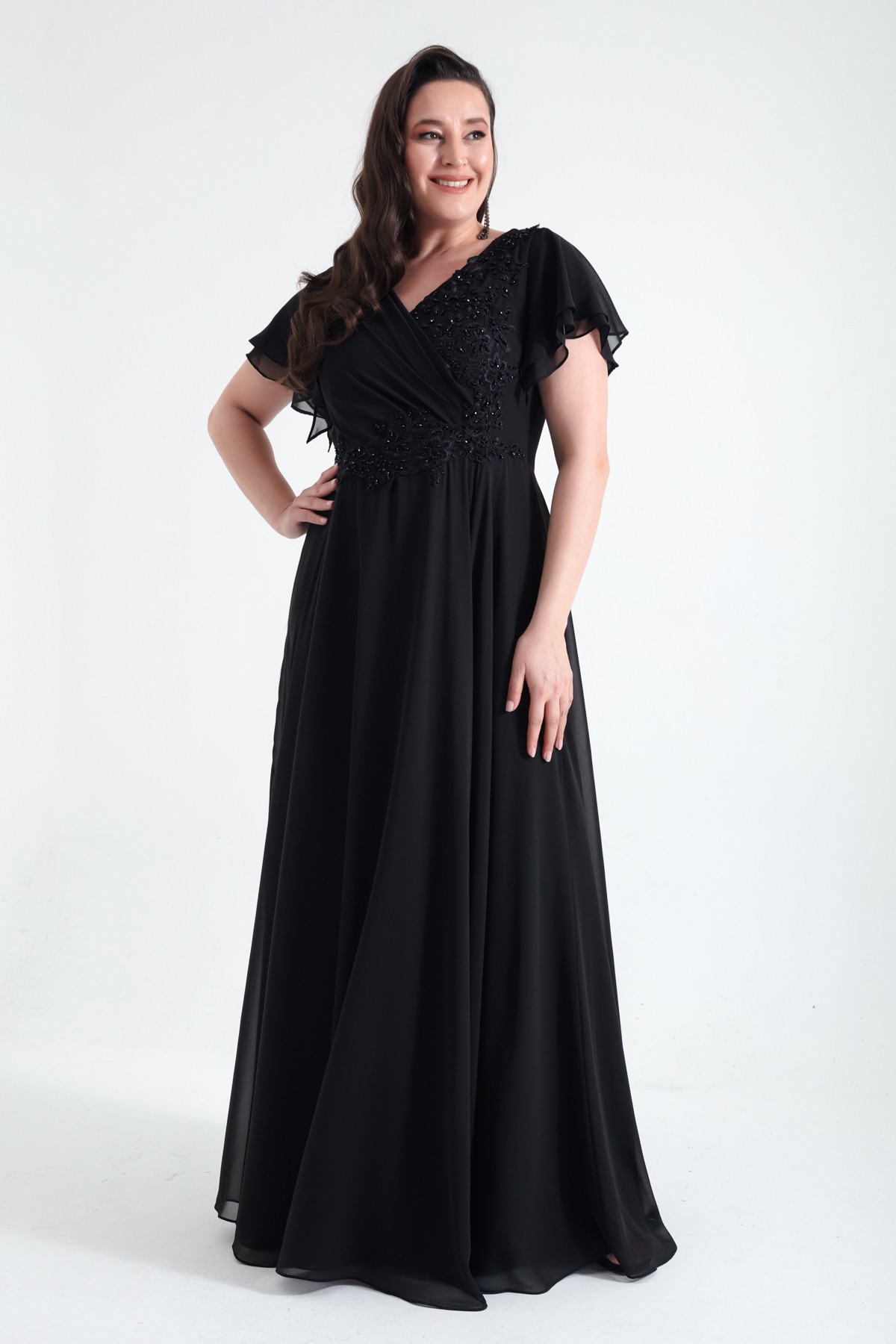 Kadın Kruvaze Taşlı Uzun Şifon Abiye Elbise - Siyah