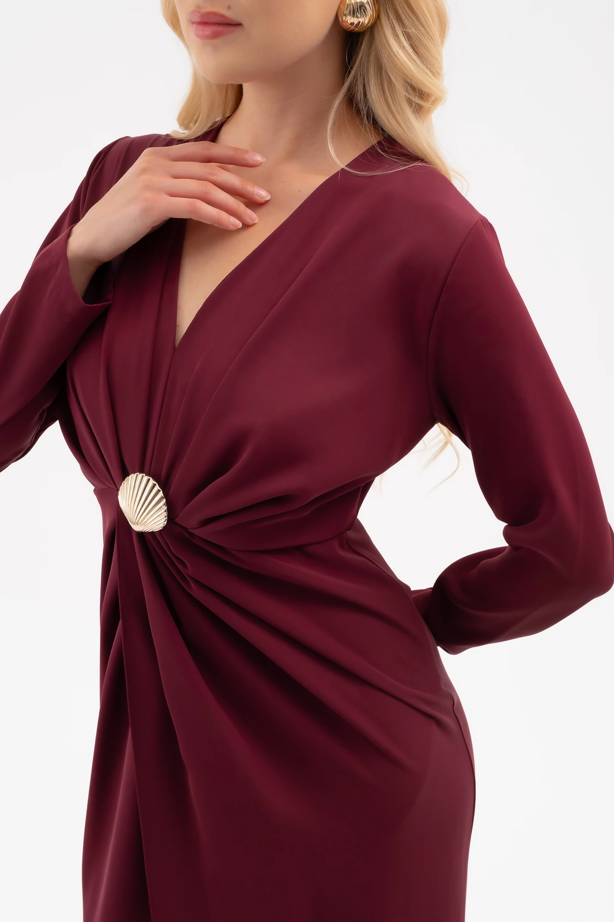 Kadın İstiridye Aksesuarlı Uzun Kol Elbise