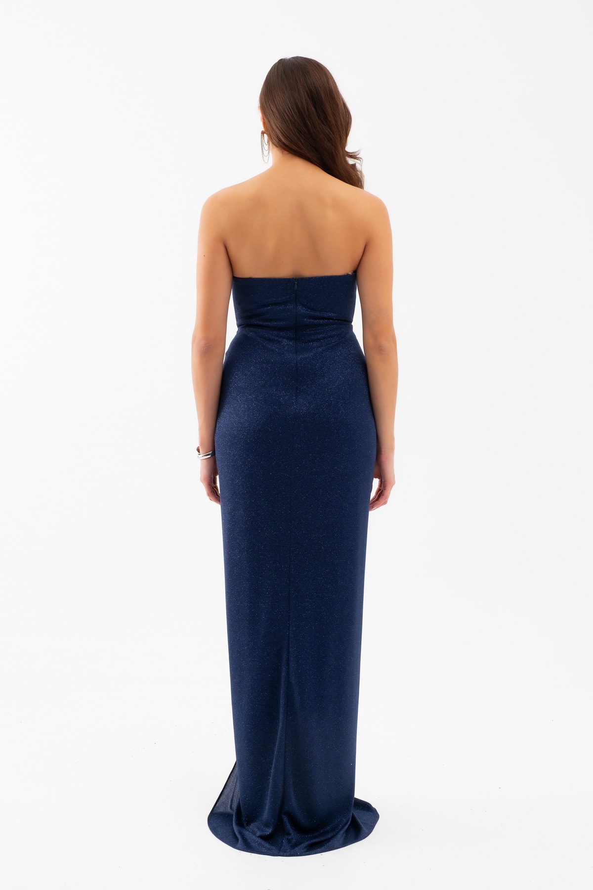 Kadın Straplez Simli Örme Abiye Elbise - Lacivert