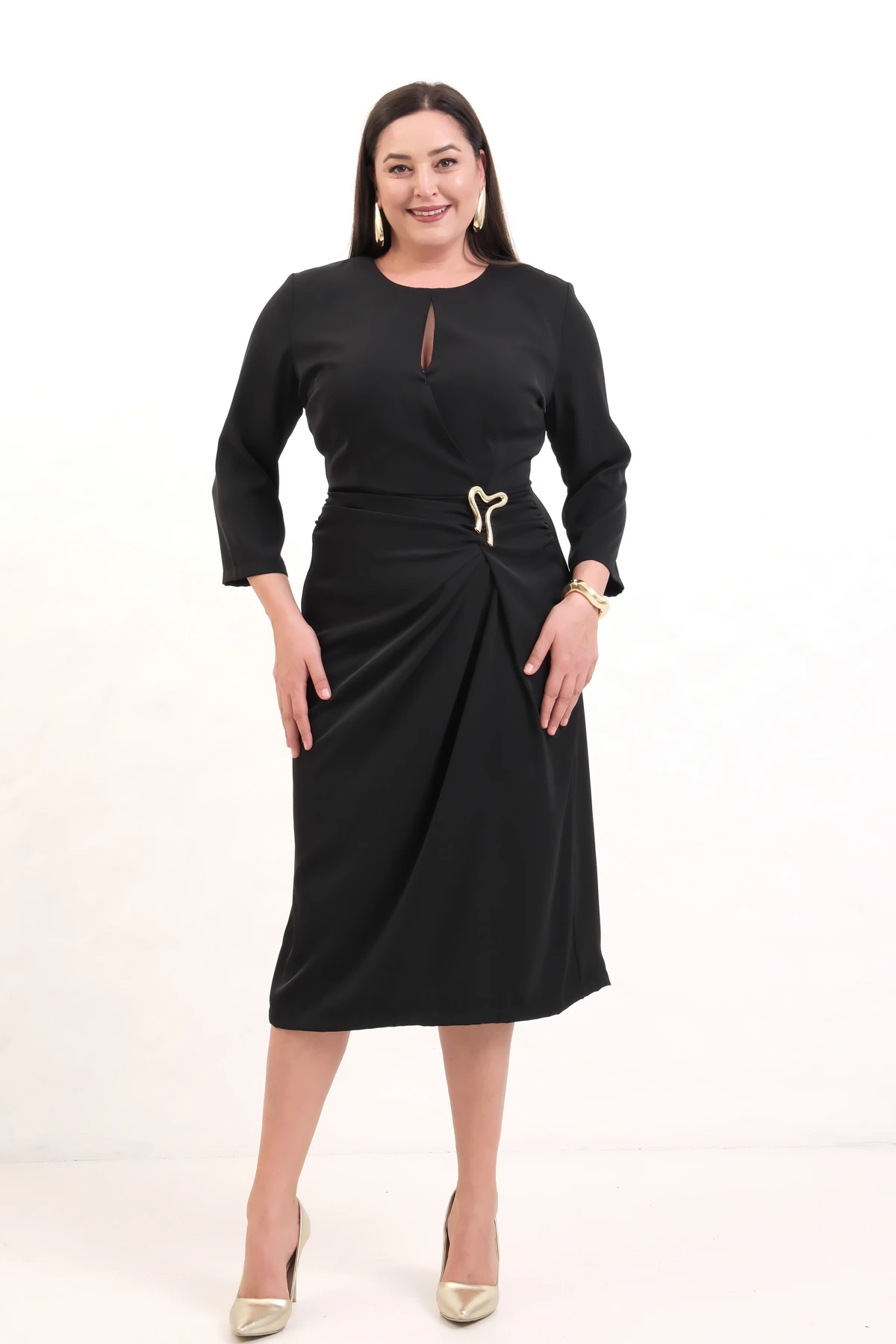 Kadın Aksesuar Detay Midi Elbise - Siyah