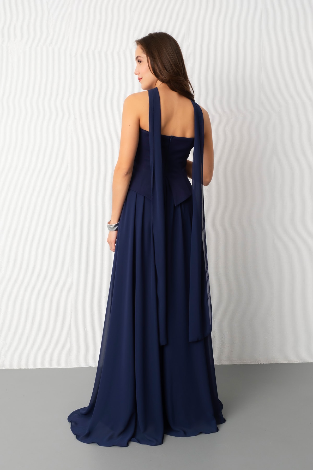 Kadın Straplez Yaka Piliseli Dantel Detay Uzun Abiye Elbise - Lacivert