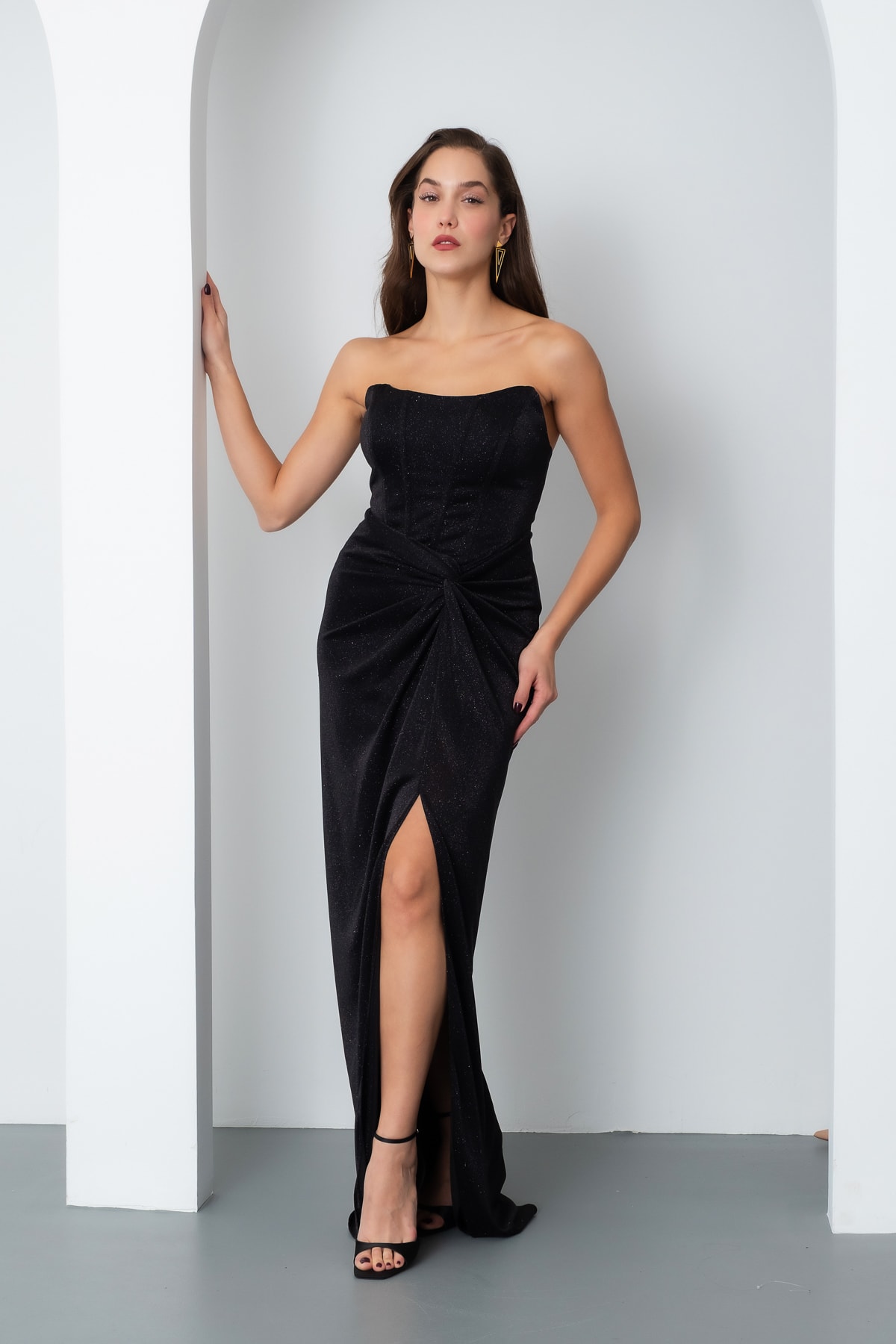 Kadın Straplez Simli Örme Abiye Elbise - Siyah