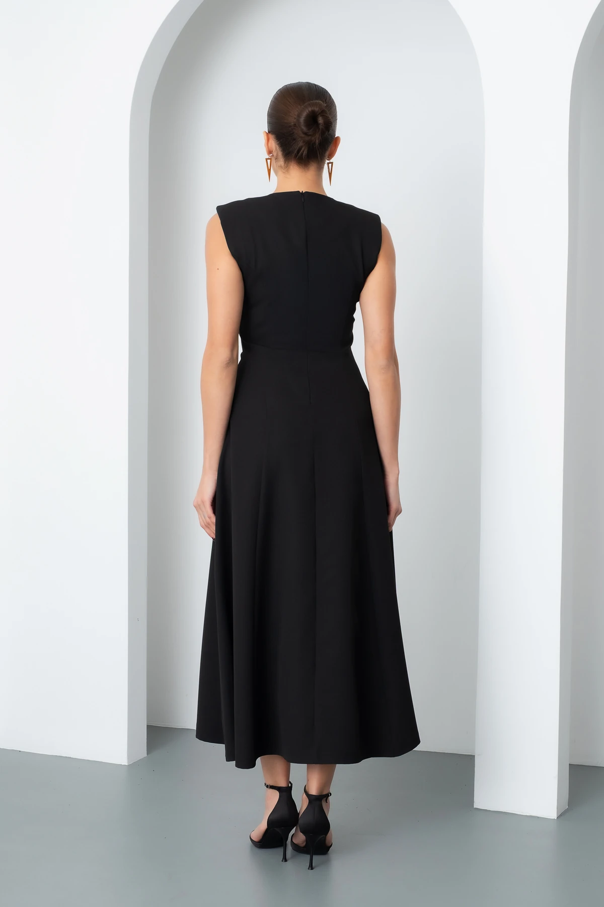 Kadın Vatkalı Midi Davet Elbisesi - Siyah