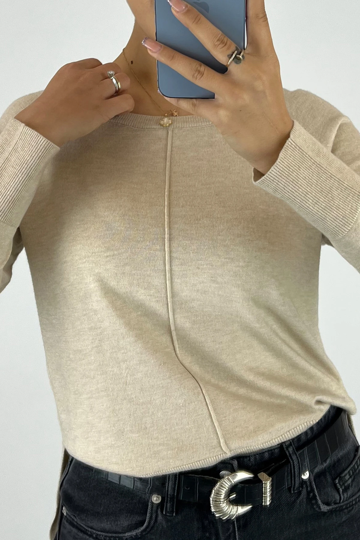 Kadın Kayık Yaka Yanları Yırtmaçlı Triko Kazak - Bej