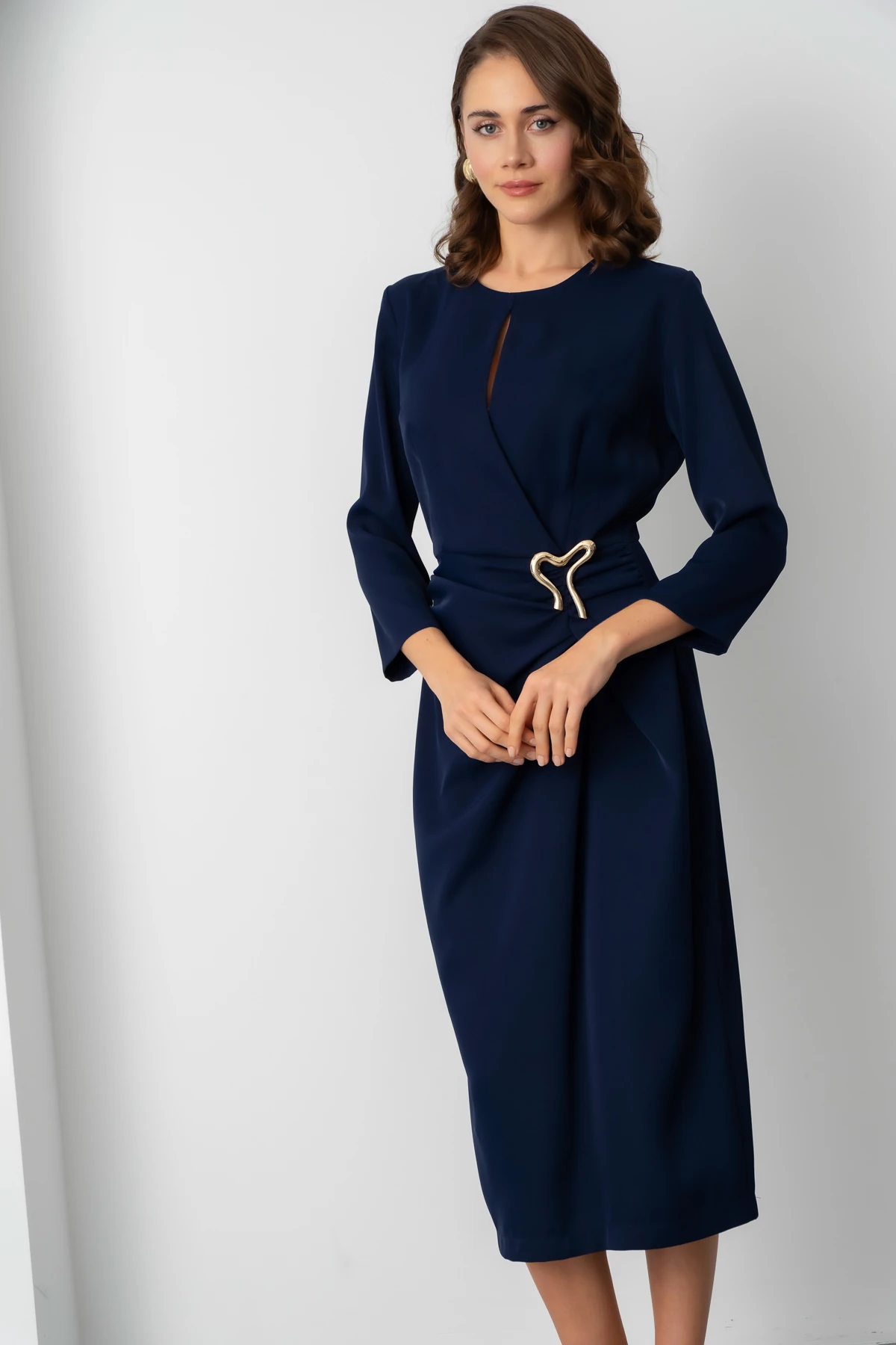 Kadın Aksesuar Detay Midi Elbise - Lacivert