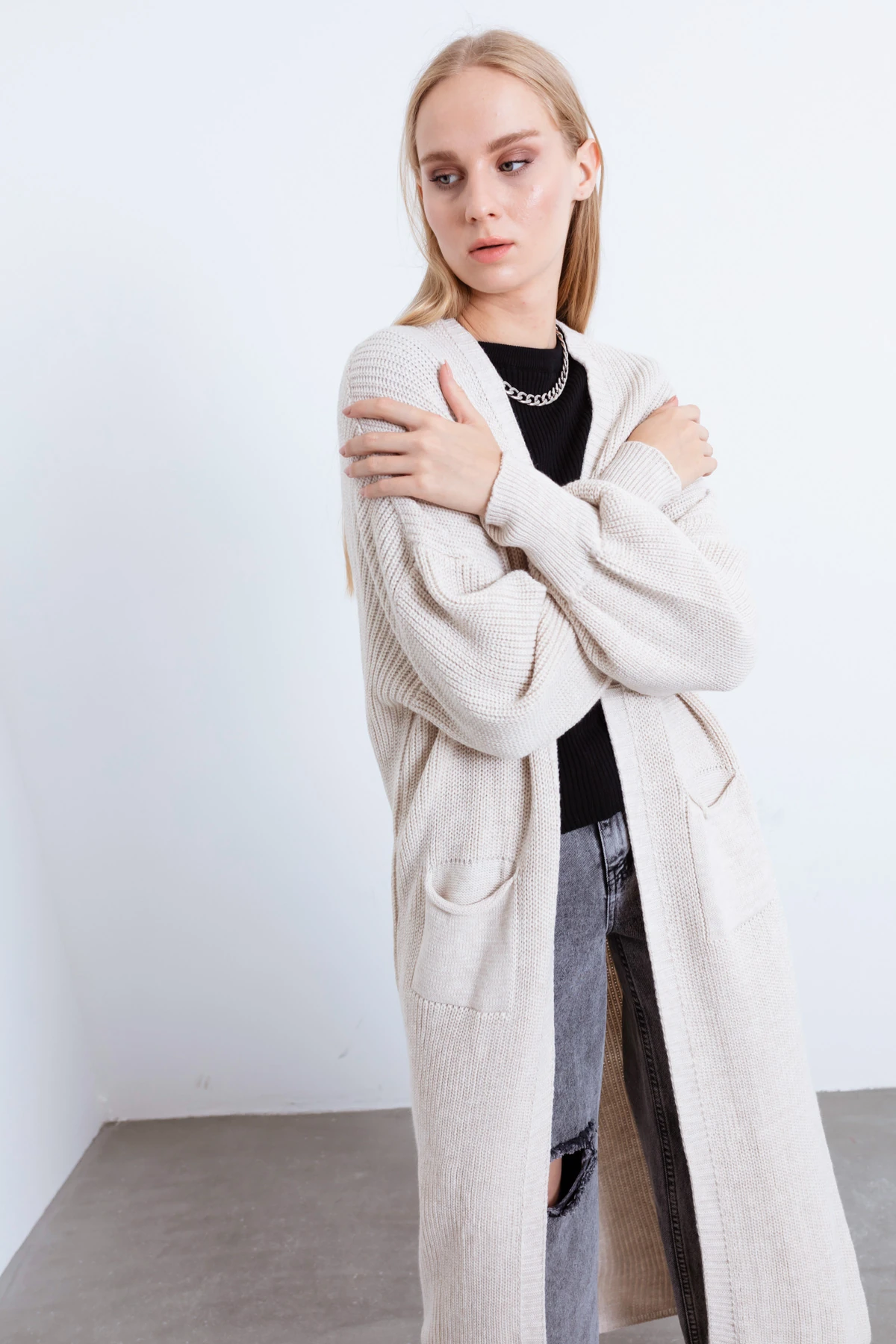 Kadın Balon Kol Uzun Triko Hırka - Bej