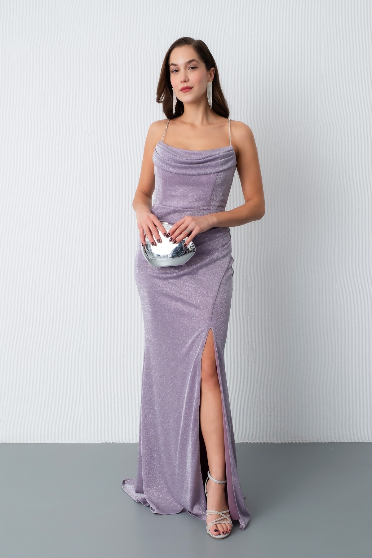 Kadın Askılı Simli Örme Abiye Elbise - Lavanta