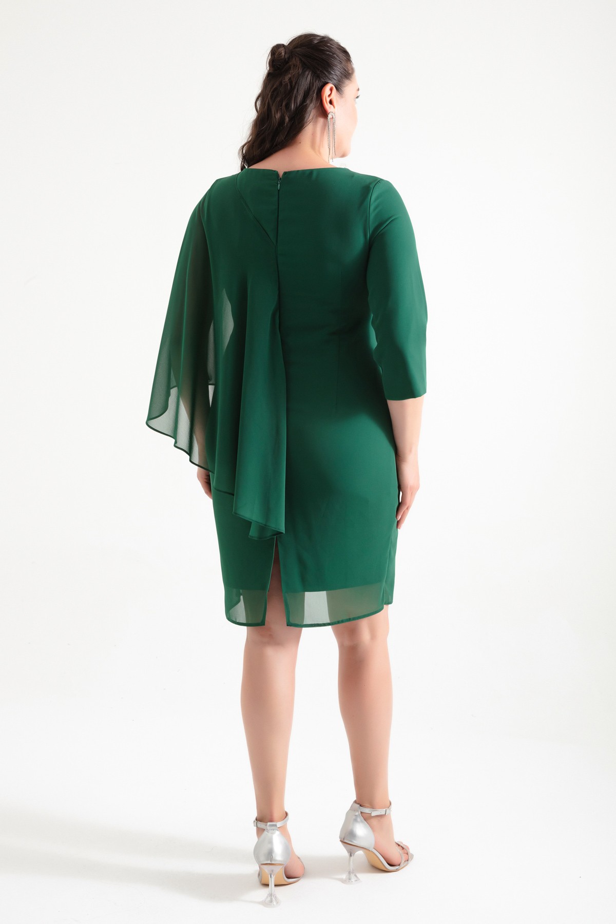 Kadın V Yaka Taşlı Büyük Beden Abiye Elbise - Zümrüt Yeşili