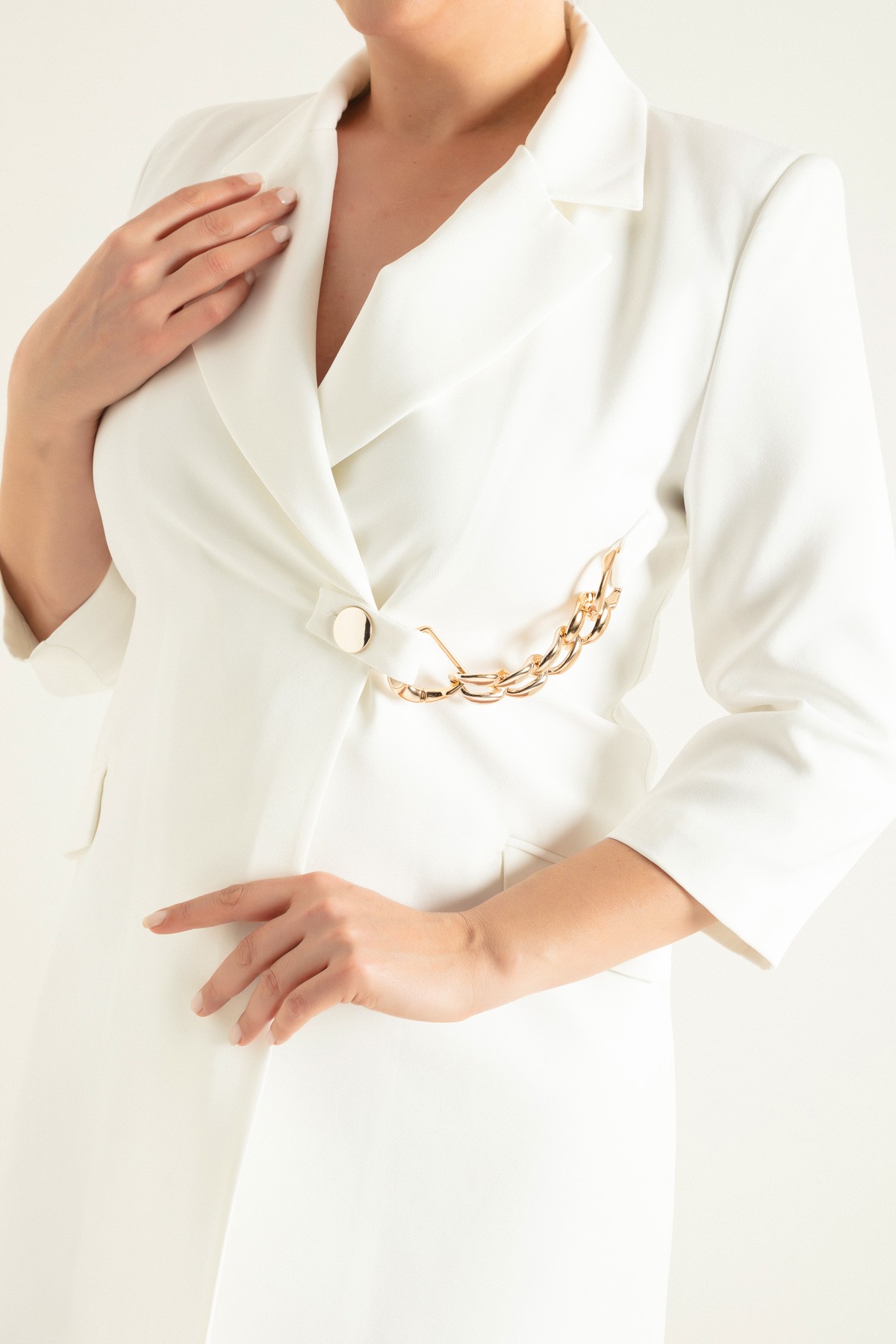 Kadın Zincir Detaylı Büyük Beden Ceket Elbise - Beyaz