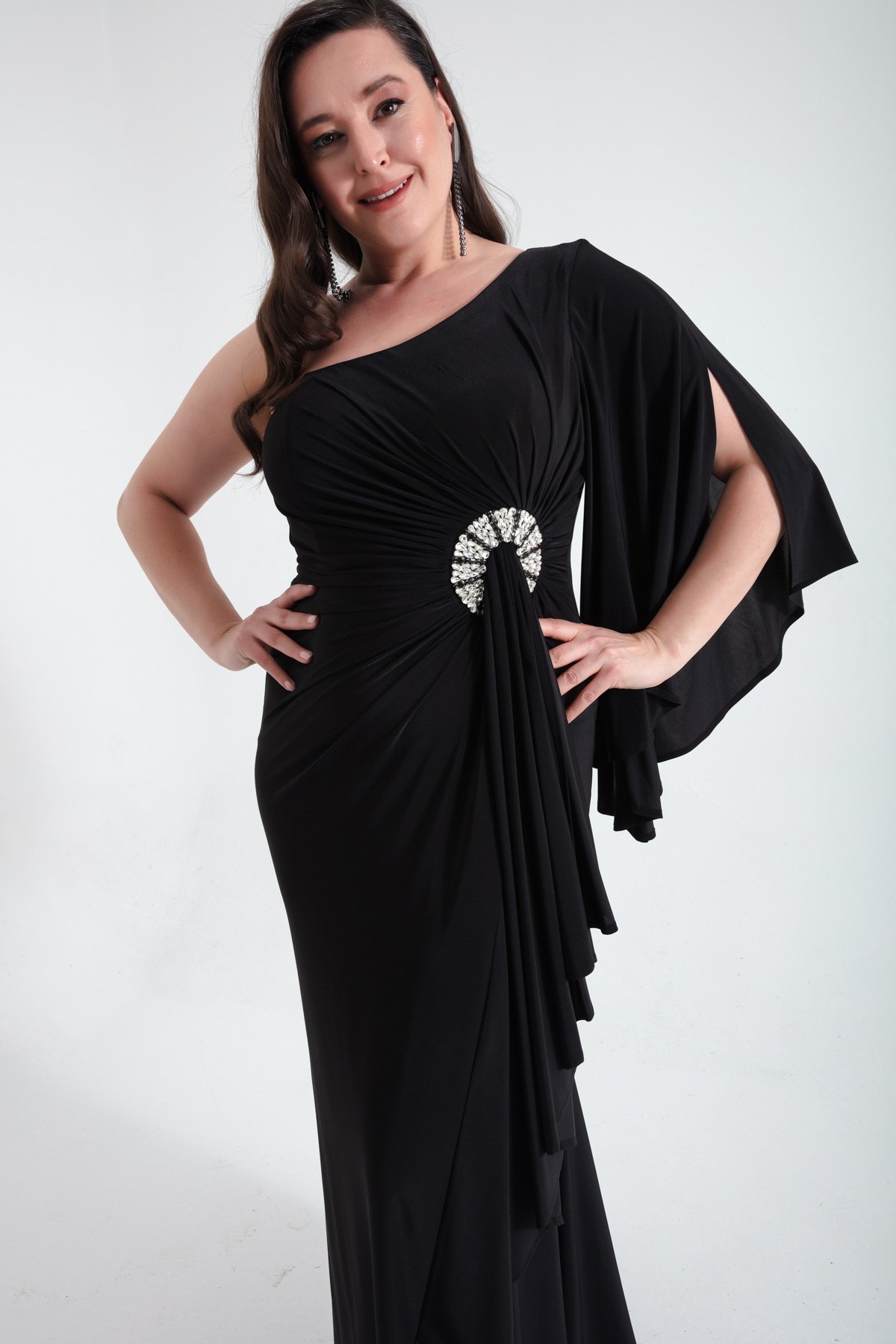 Kadın Tek Omuzlu Taş Detaylı Uzun Abiye Elbise - Siyah