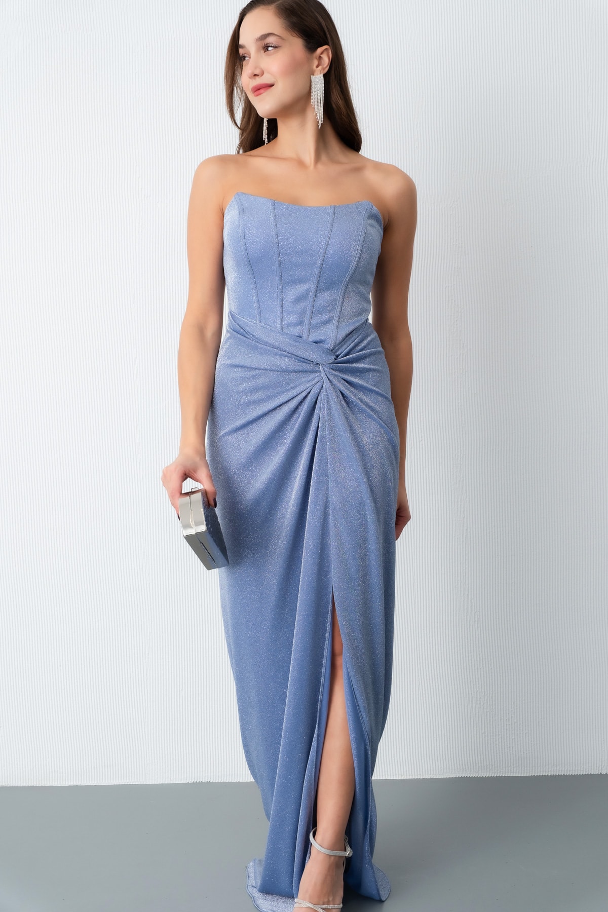 Kadın Straplez Simli Örme Abiye Elbise - İndigo