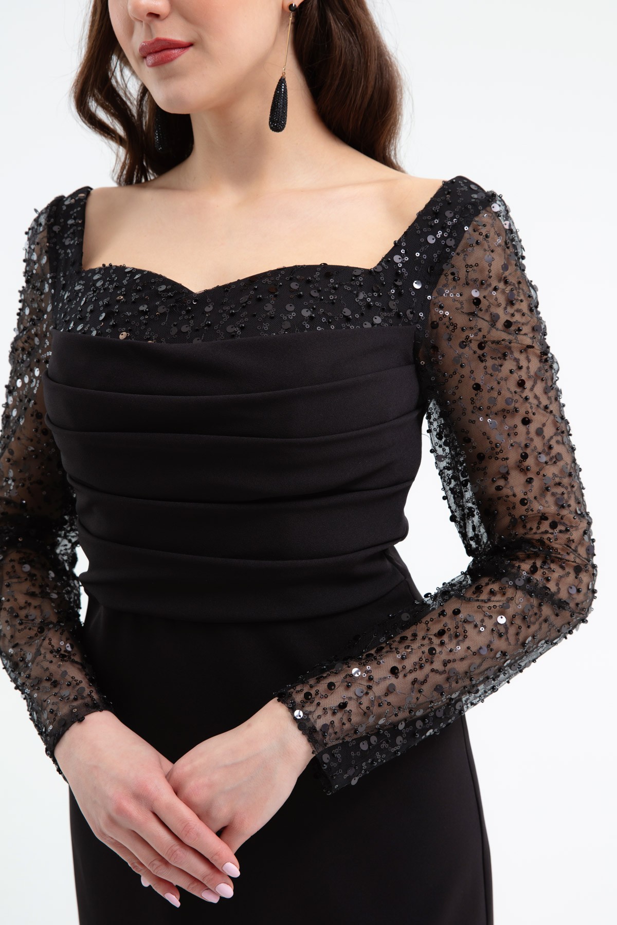 Kadın Kalp Yaka Kolları Payetli Midi Söz Nişan Nikah Abiye Elbise - Siyah