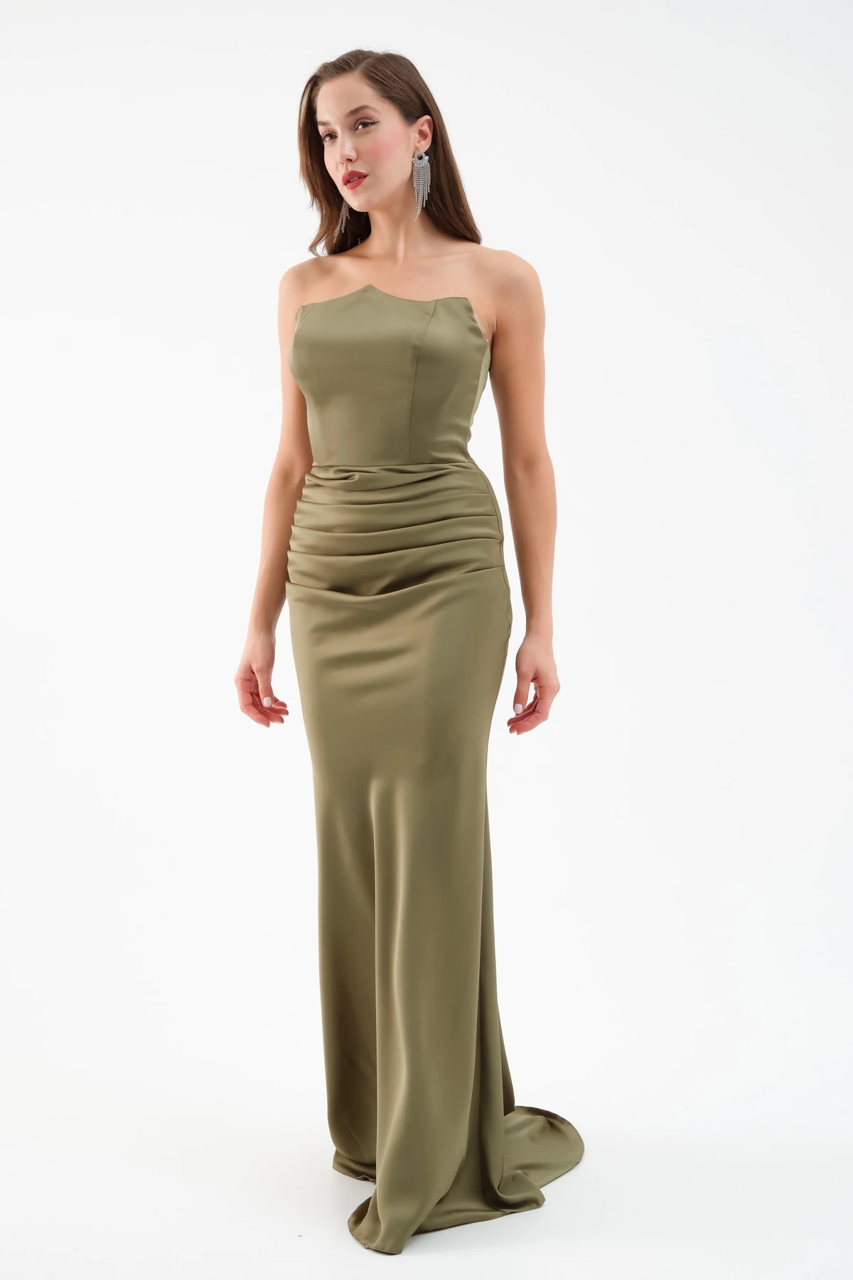 Kadın Straplez Uzun Saten Söz Nişan Abiye Elbise - Haki