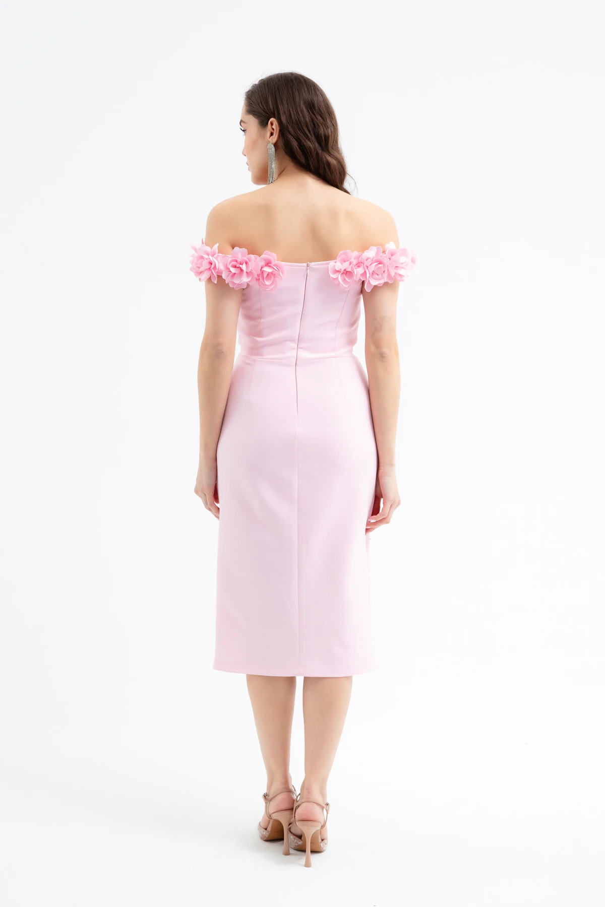 Kadın Yakası Çiçekli İncili Söz Nişan Nikah Abiye Elbise - Pudra