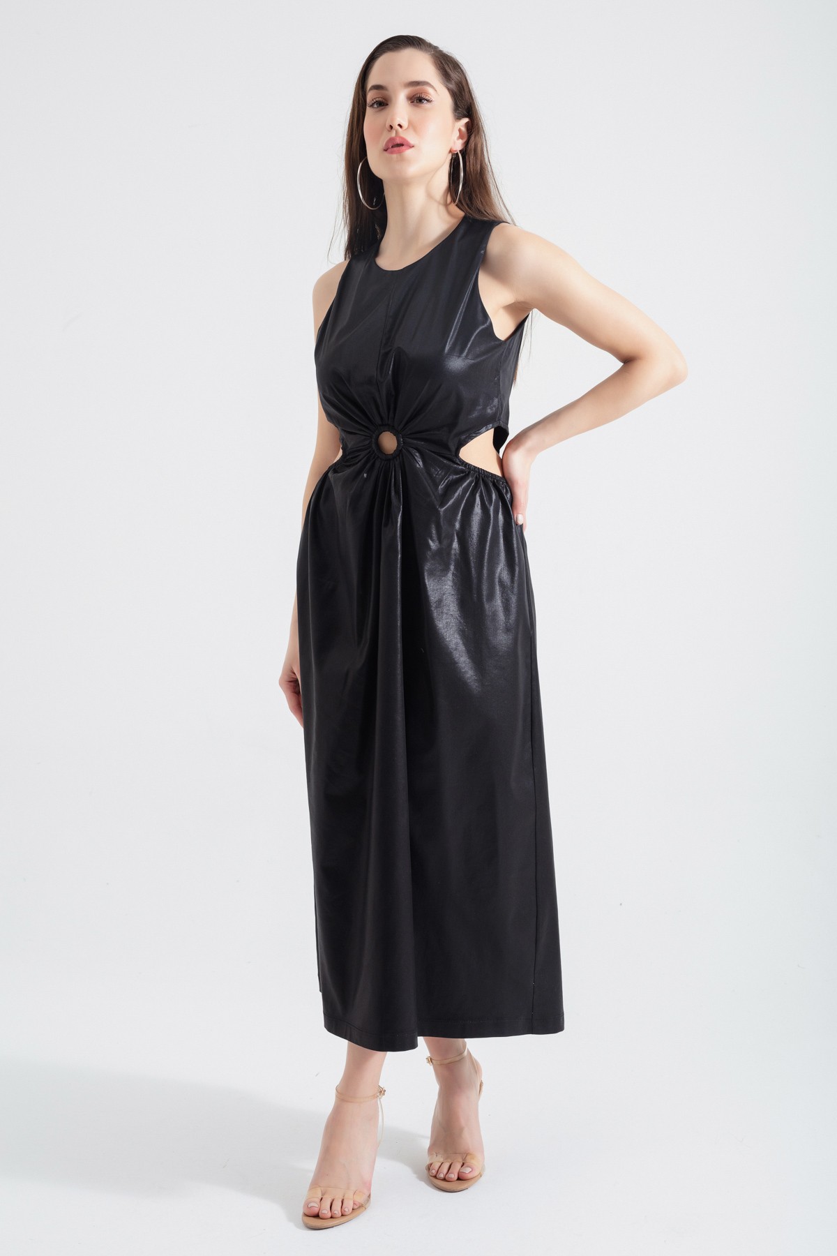 Kadın Bel Dekolteli Parlak Kumaş Dokulu Midi Elbise - Siyah