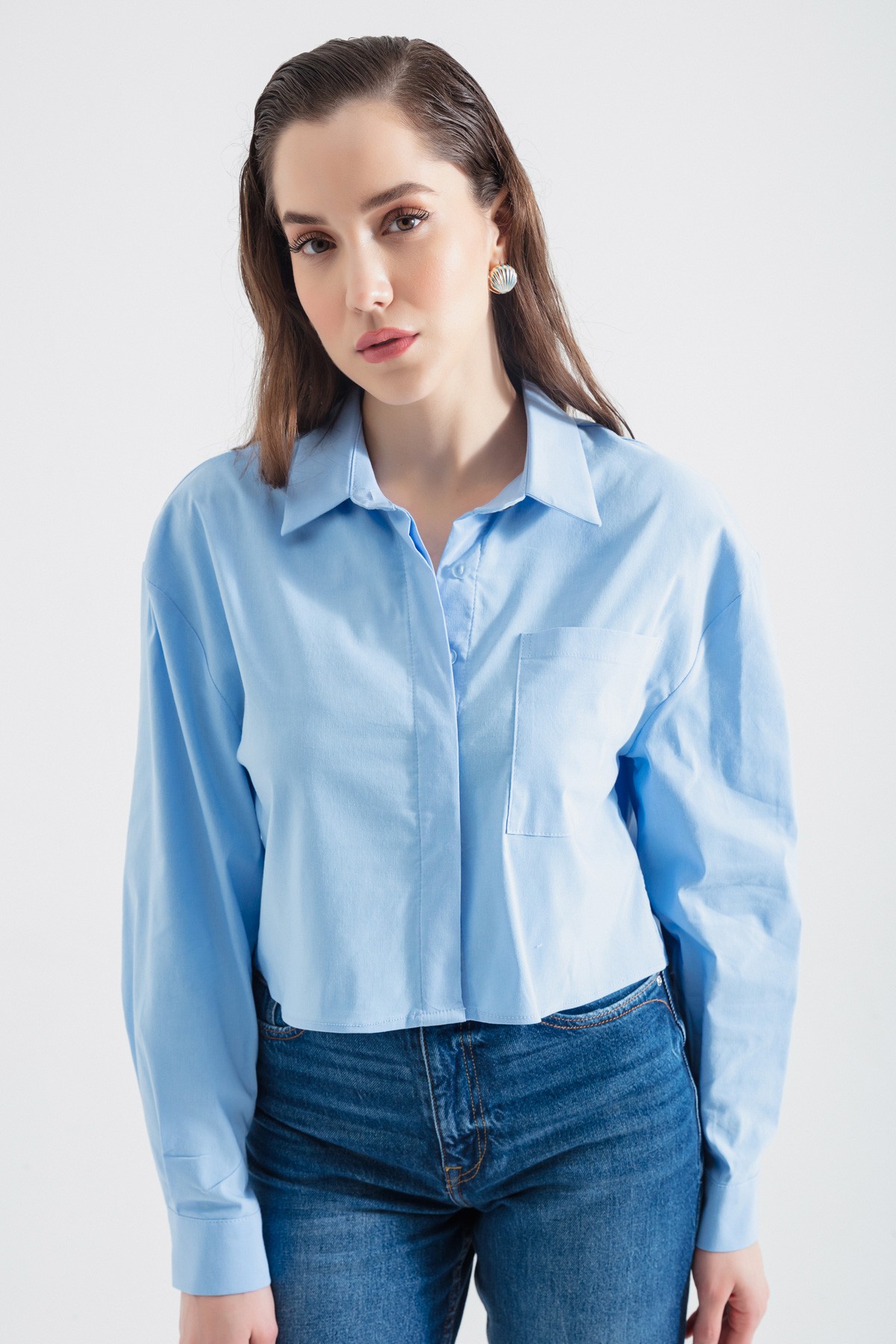 Kadın Tek Cepli Crop Gömlek - Bebe Mavi