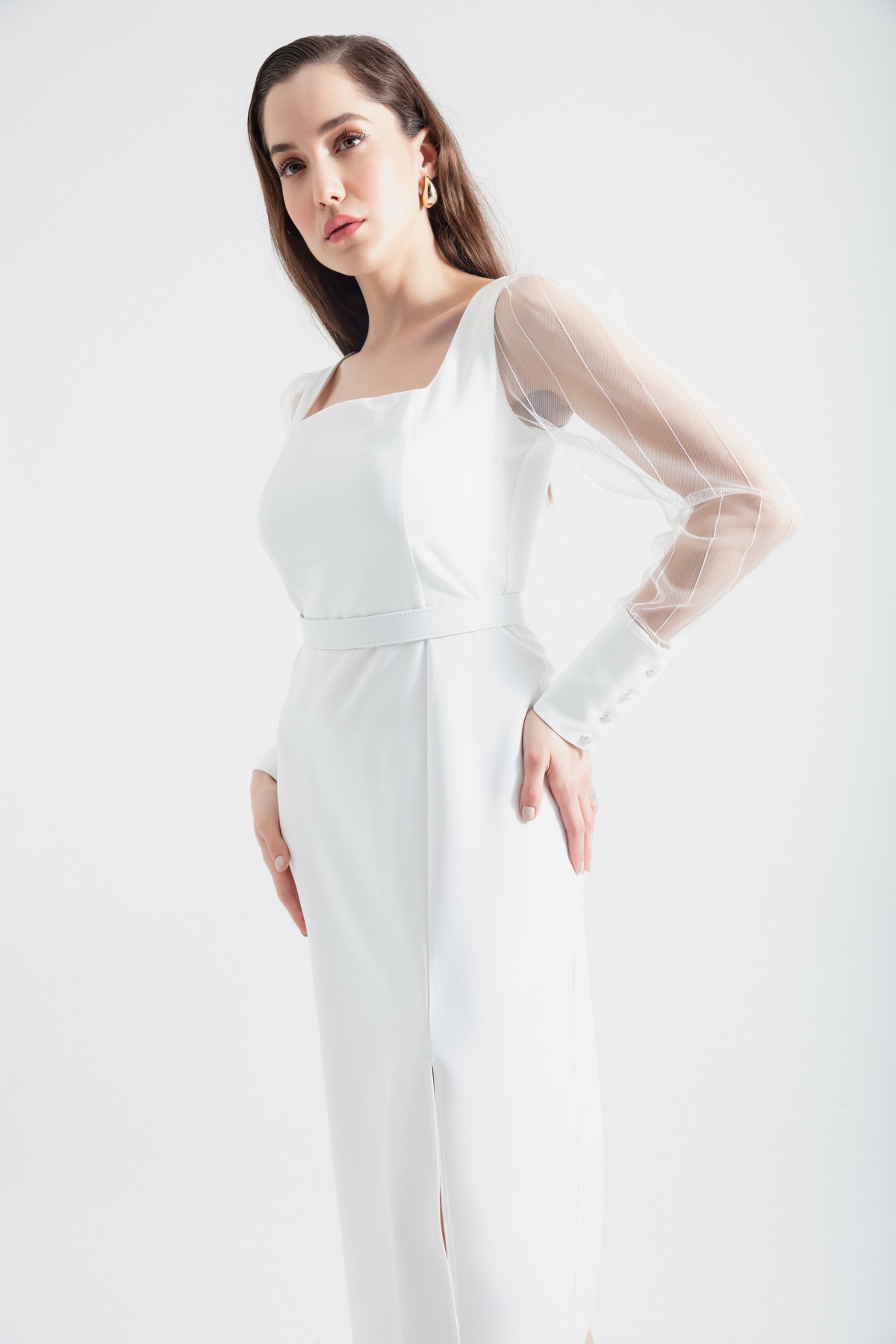 Kadın Kare Yaka Yırtmaçlı Midi Elbise - Beyaz