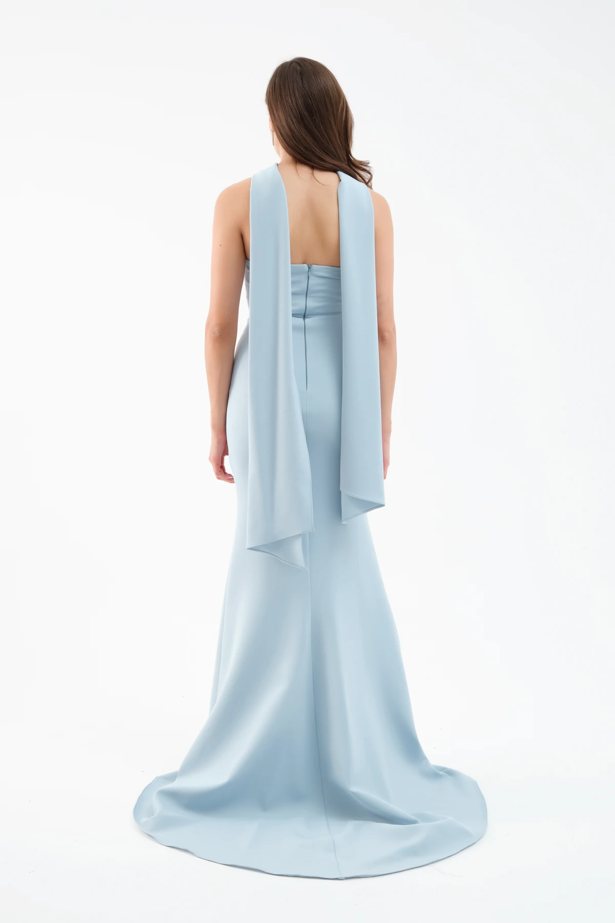 Kadın Şal Yaka Detay Uzun Abiye Elbise - Bebe Mavi