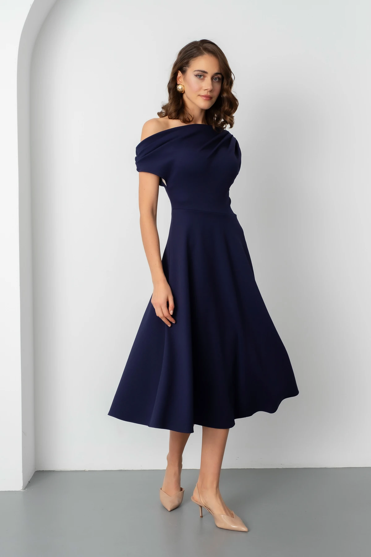 Kadın Düşük Omuzlu Midi Boy Elbise - Lacivert