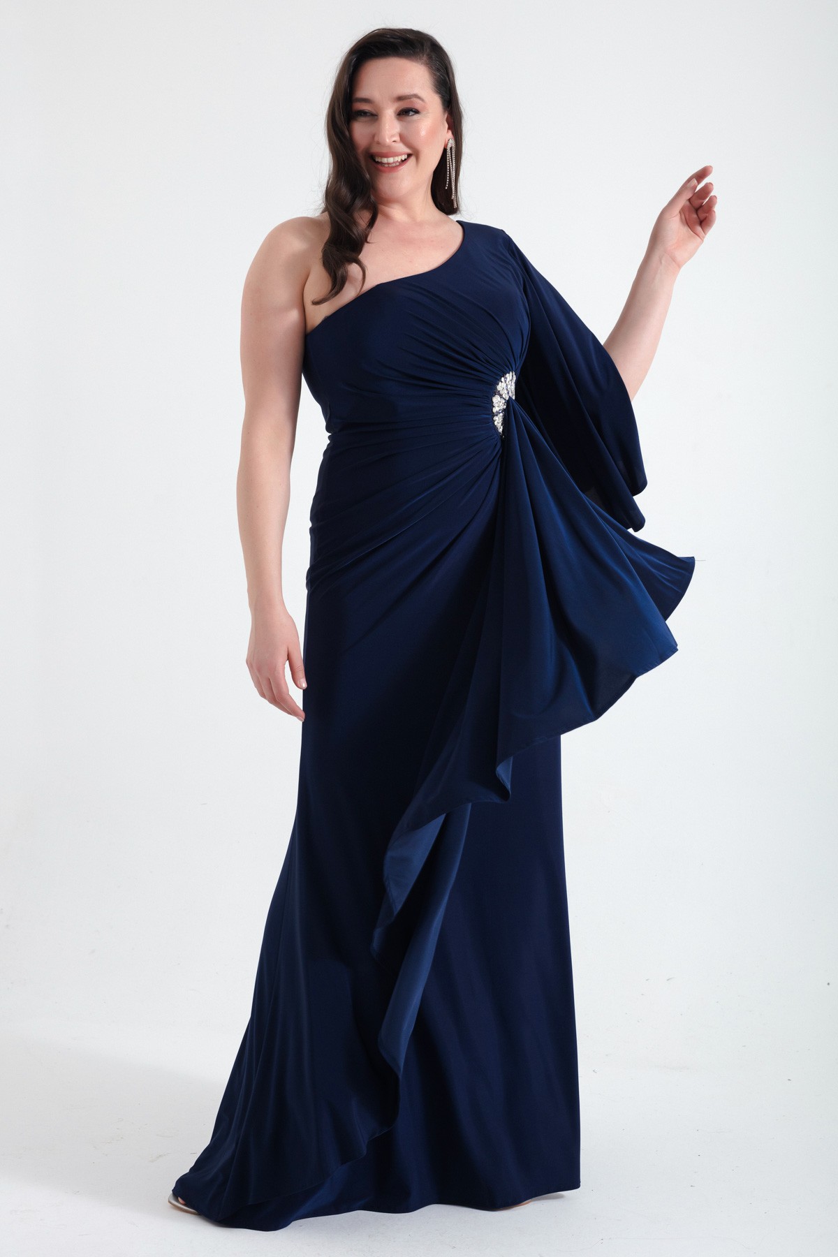 Kadın Tek Omuzlu Taş Detaylı Uzun Abiye Elbise - Lacivert