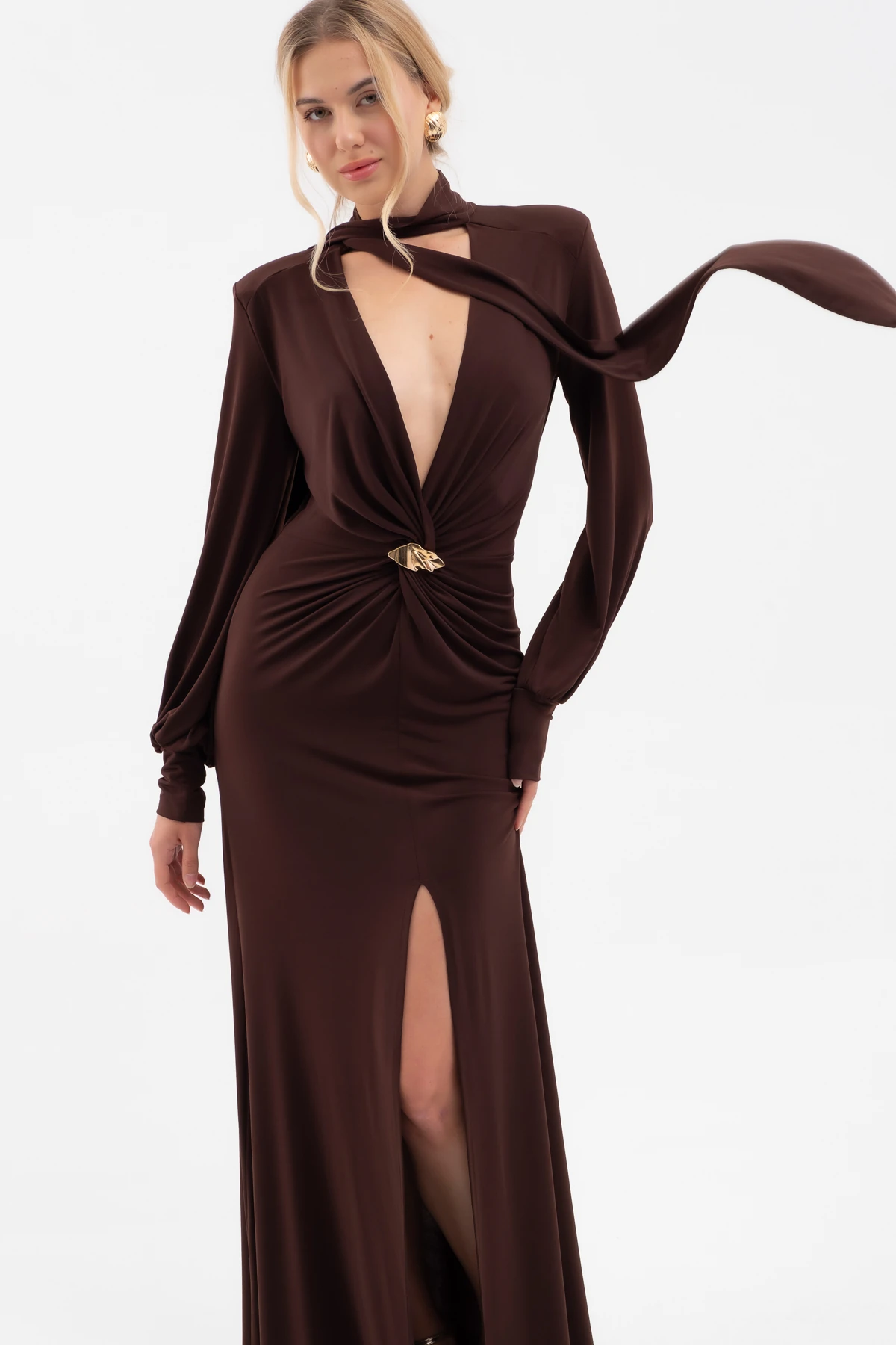 Kadın Şal Yaka Ön Düğüm Tokalı Uzun Elbise