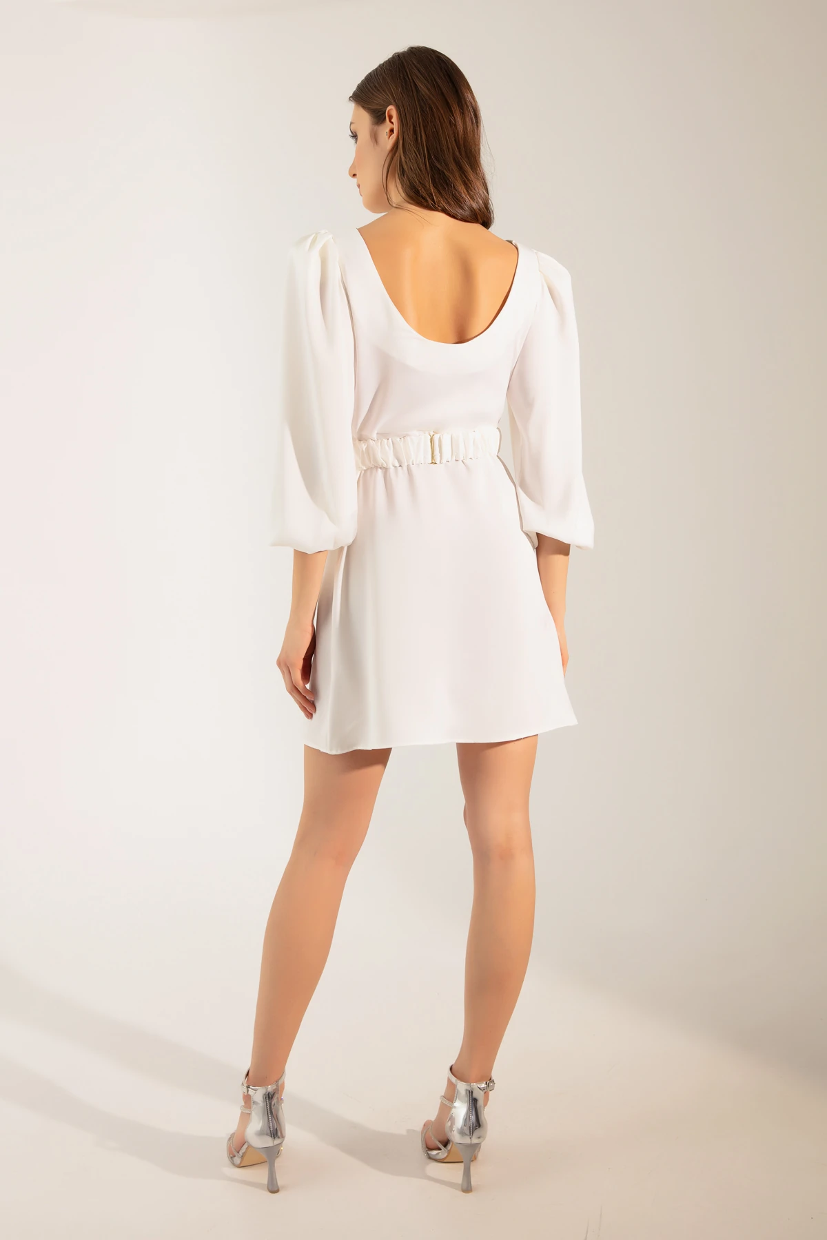 Kadın Balon Kol Mini Nişan Elbisesi - Ekru